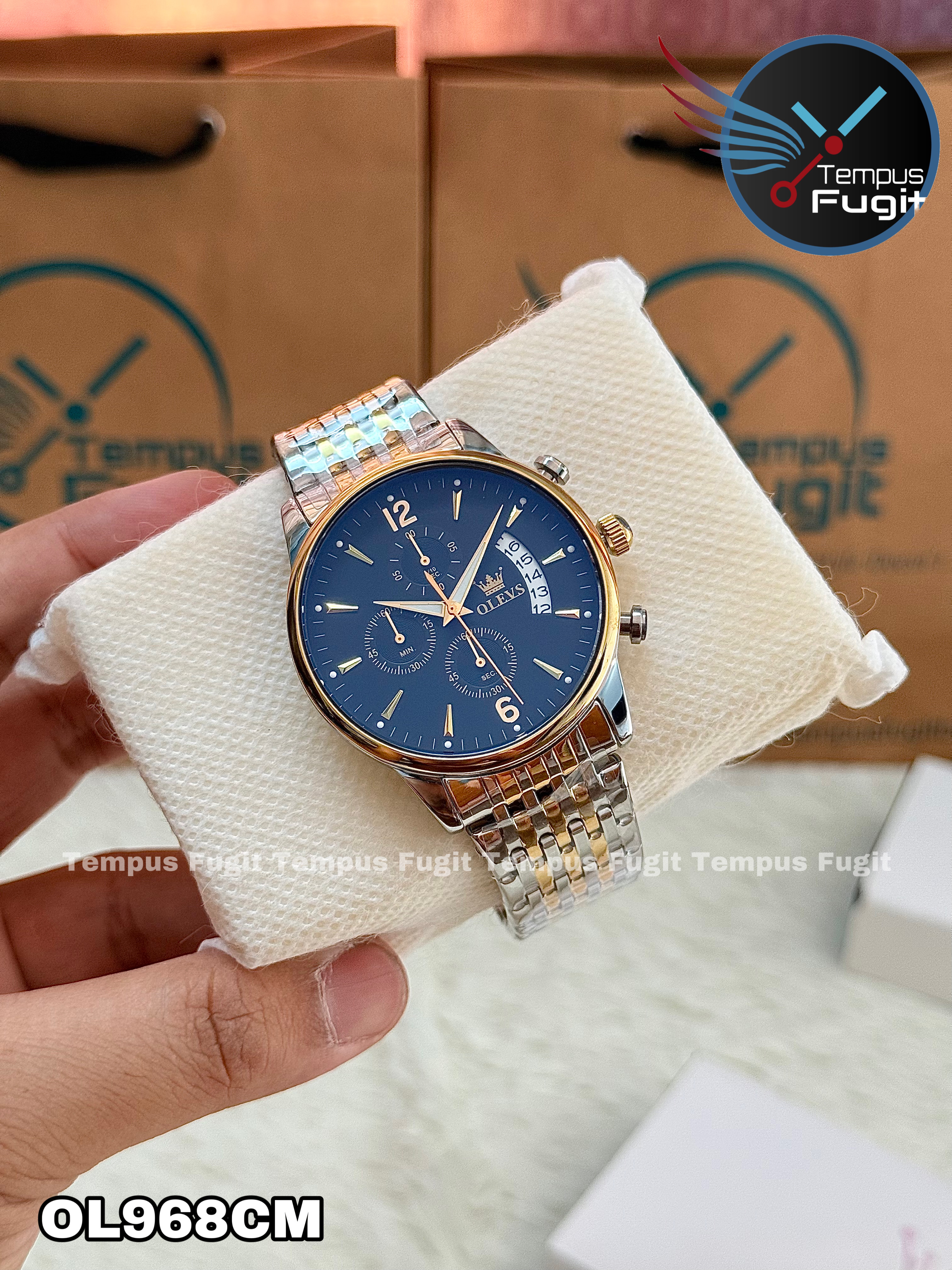 OLEVS 2867 Gents Chain Watch- Black Dial- Golden Bezel- Silver+Golden Chain- TF Code_img_8