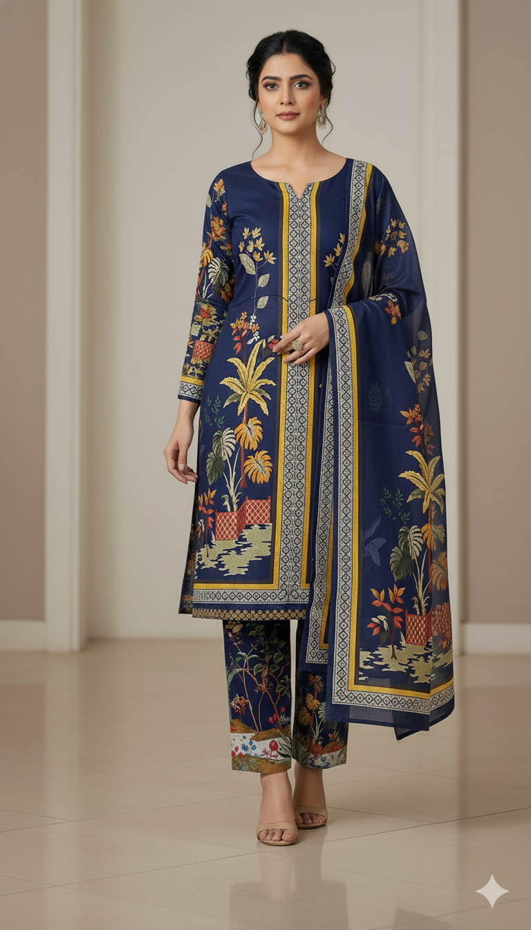 পাকিস্তানি ইন্সপারেড প্রিমিয়াম থ্রি পিস- স্যালোয়ার প্রিন্ট  (Unstitched)
