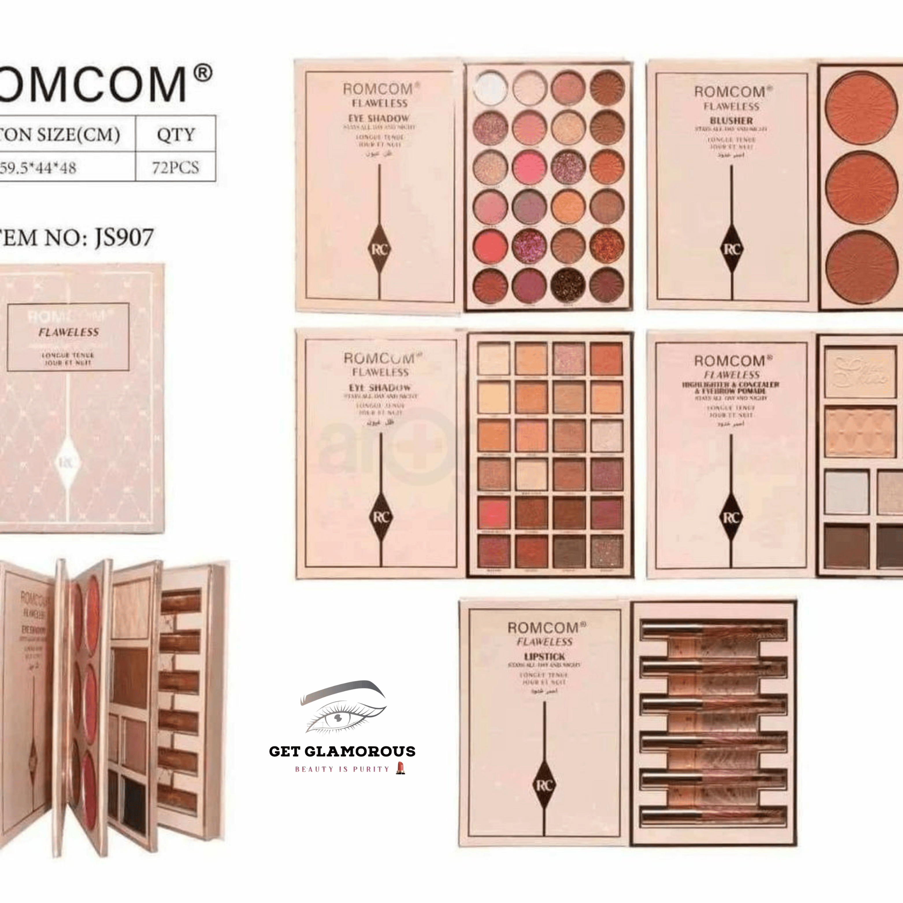 Romcom Flawless Makeup Book (Eye Shadow. Blusher, High-Lighter, Contour, Eyebrow Pomade & Lipstick)