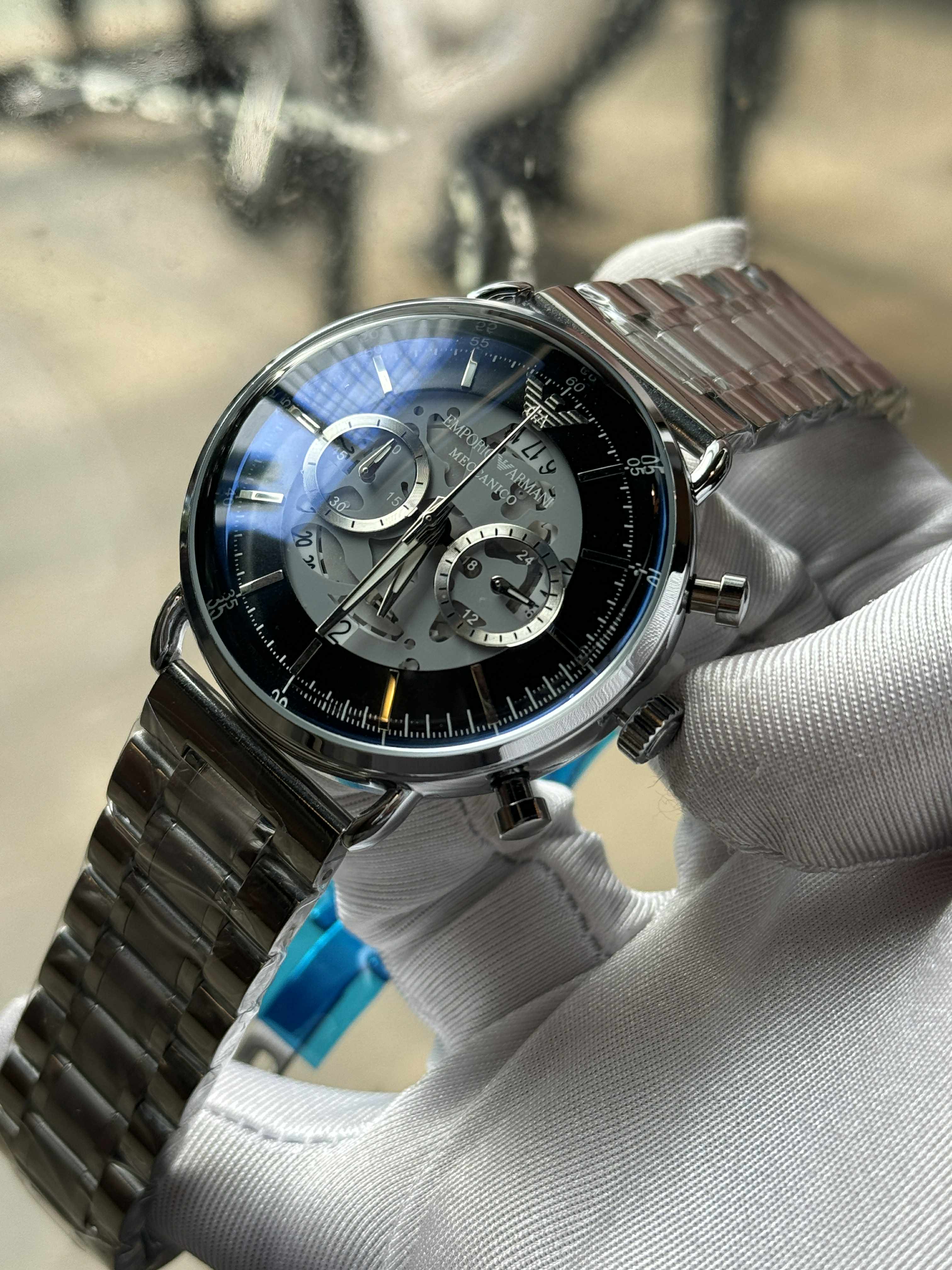 ARMANI MECCANICO SILVER CHAIN BLACK DIAL