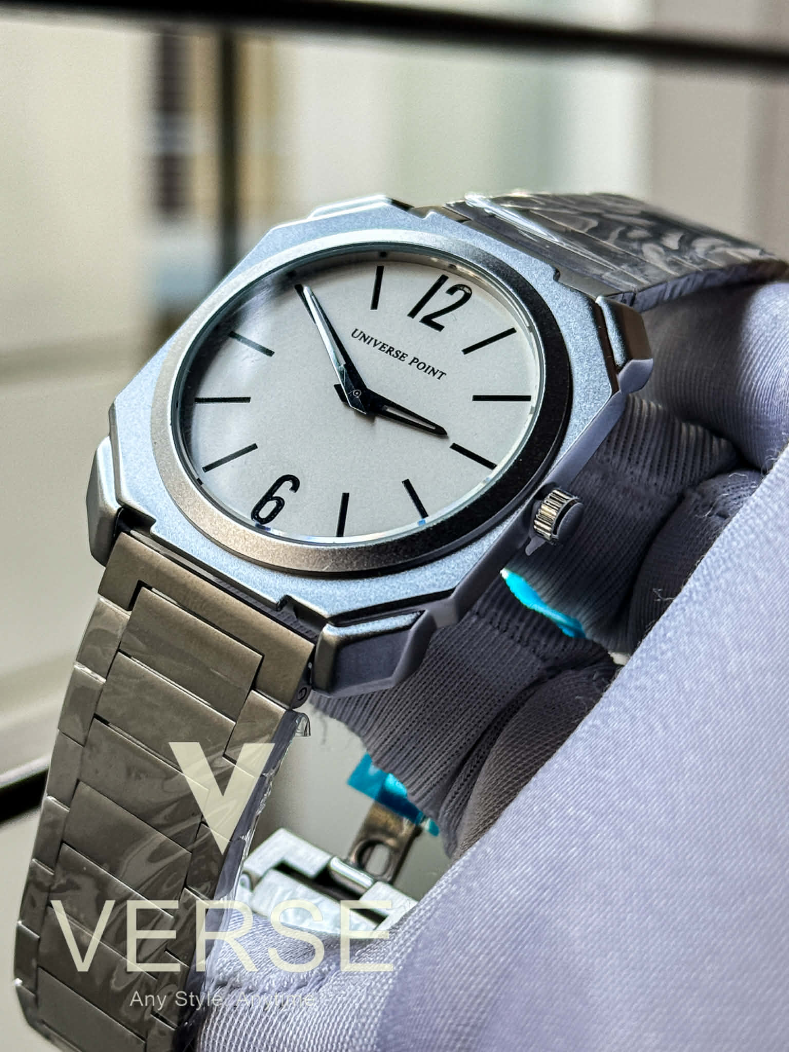 UNIVERSE POINT Ultra Slim Octagonal Stainless Steel Watch – White Dial | UP3949-1205B