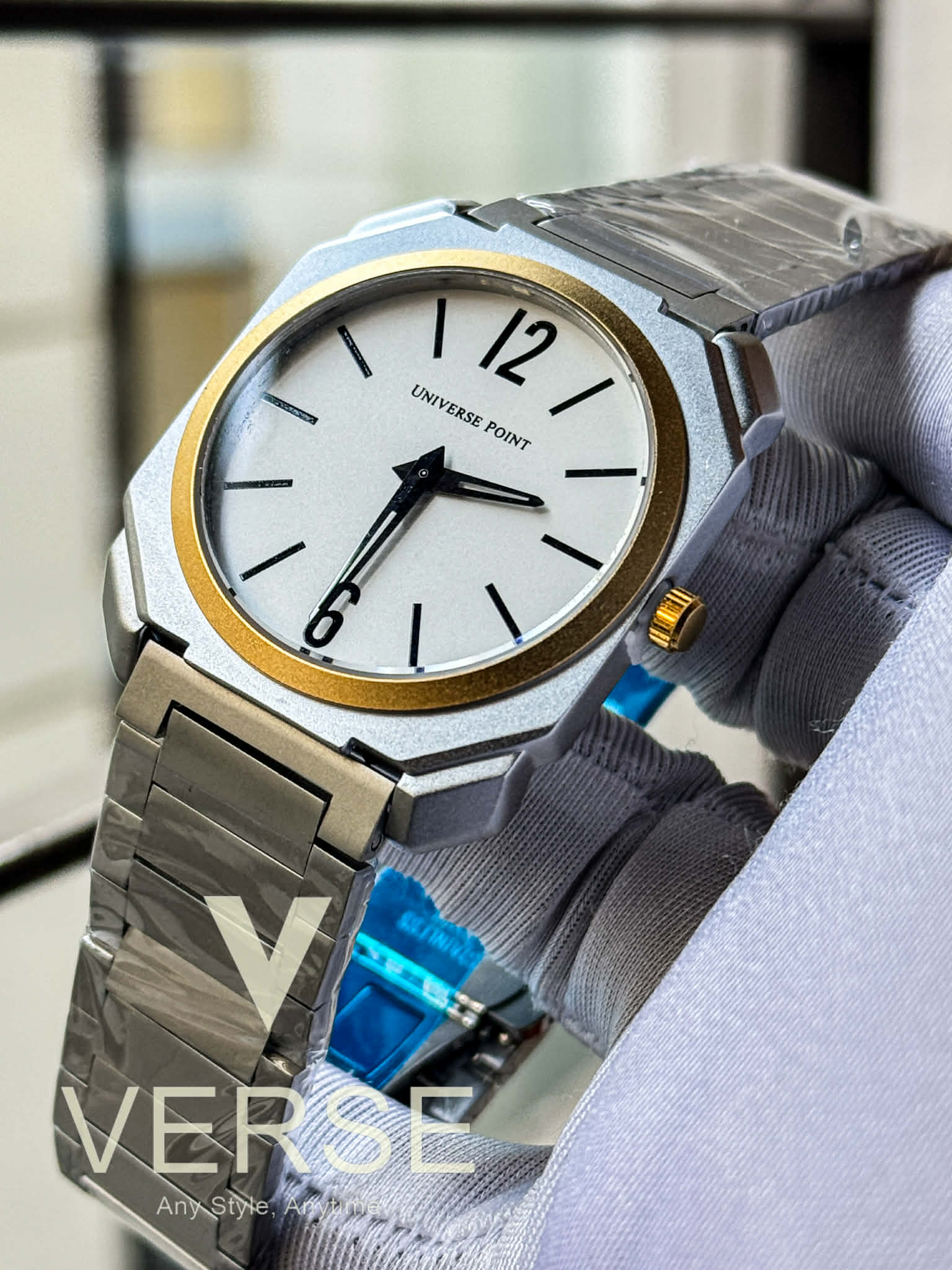 UNIVERSE POINT Ultra Slim Octagonal Stainless Steel Watch – Two-Tone Case White Dial | UP3949-1205B