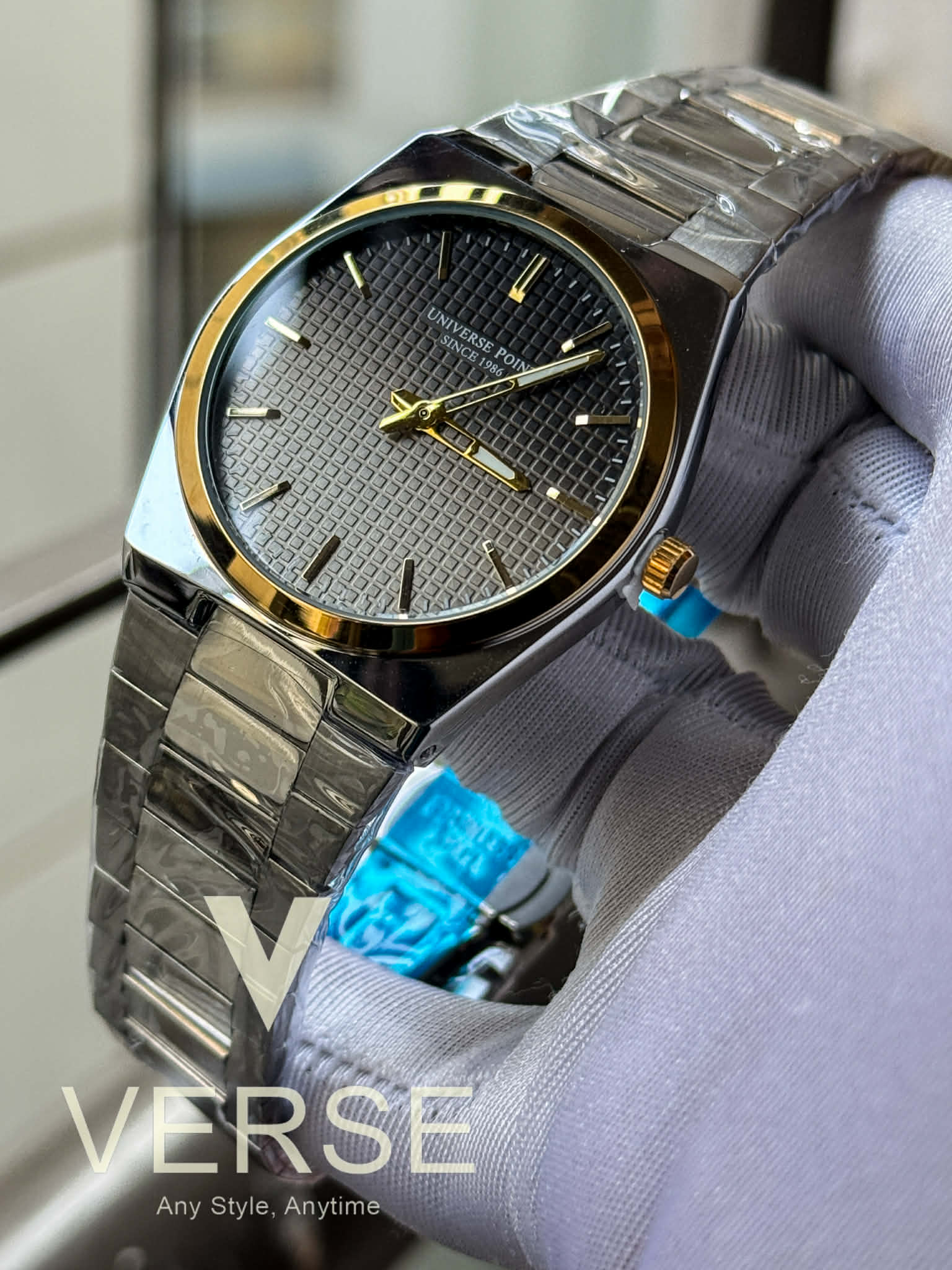 UNIVERSE POINT Slim Stainless Steel Watch – Gradient Grey Waffle Dial Two-Tone Case | UP3949-23708