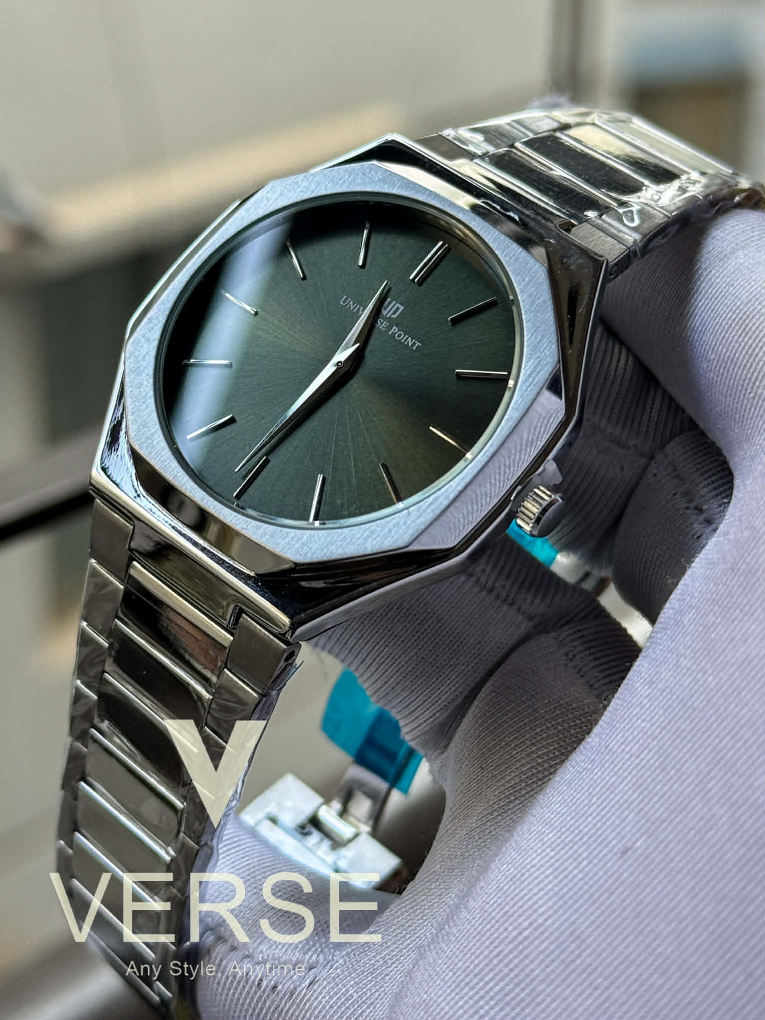 UNIVERSE POINT Octagonal Case – Silver Chain Moss Green Dial | UP3949-2496