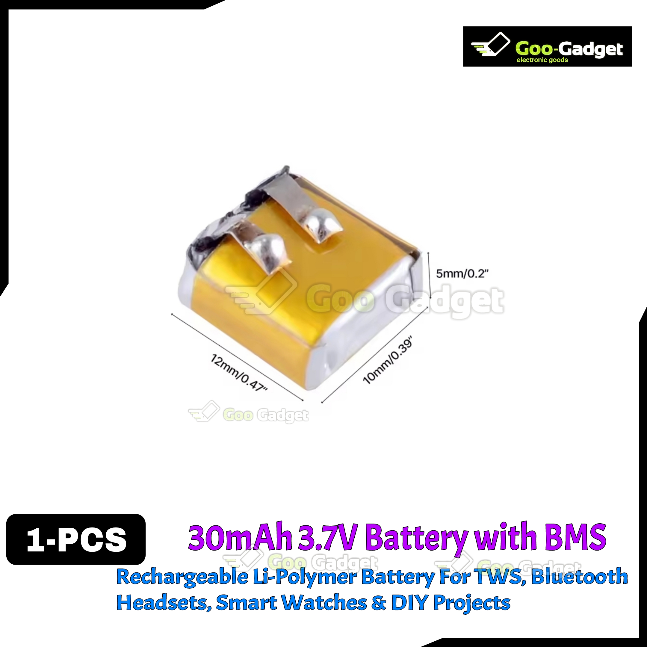 30mAh 3.7V Rechargeable Li-Polymer Battery – For TWS, Bluetooth Headsets, Smart Watches & More (1cm x 1cm, No BMS)
