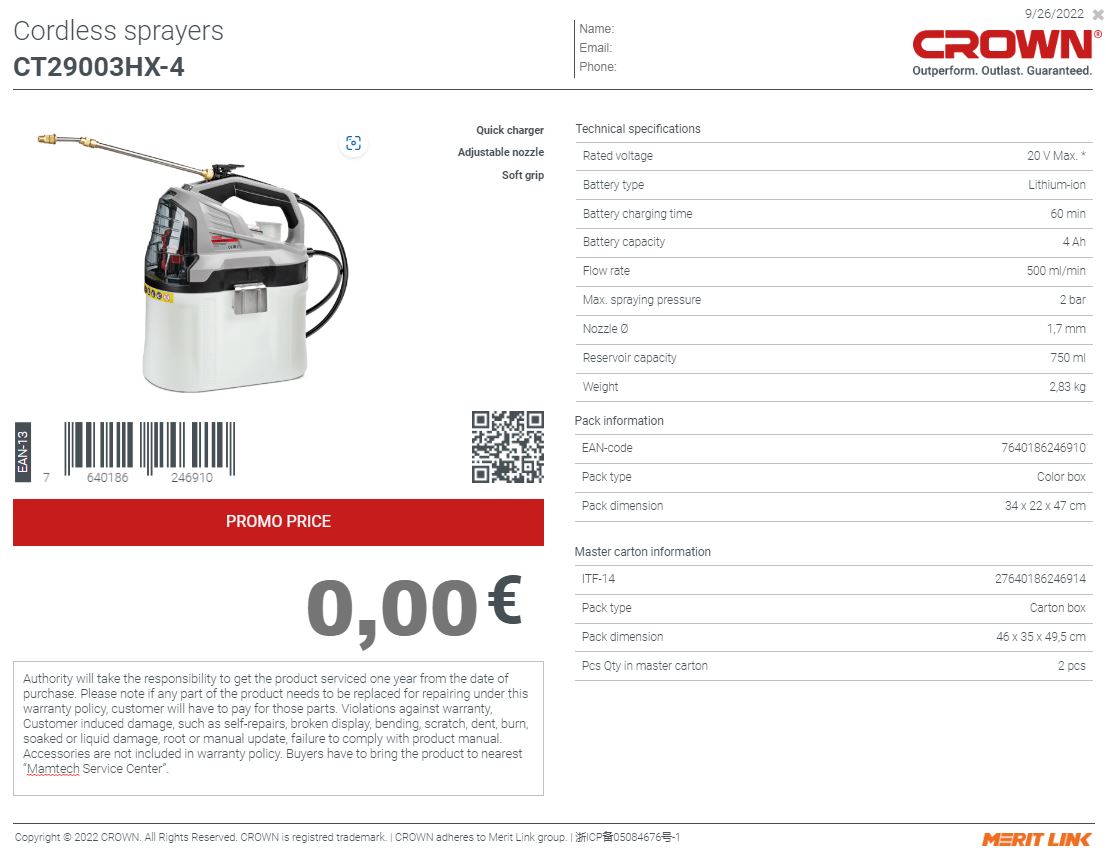 CROWN,CT29003HX,Professional Cordless Sprayer, 7.5L, 20v, (with Battery & Charger) ; CT29003HX-4_img_3