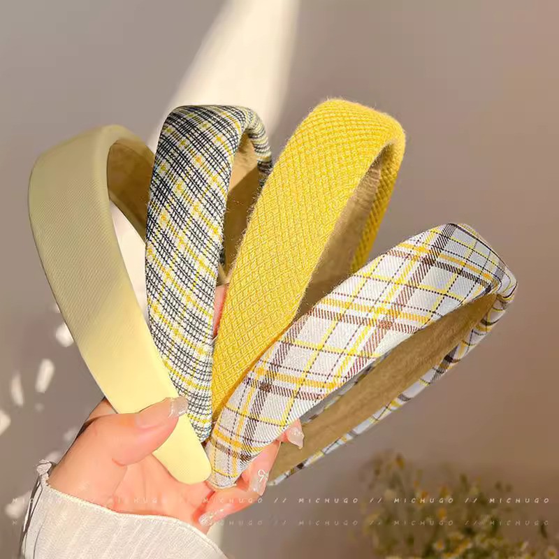 SHEIN Hair Band Style Imported Simple Goose Yellow Plaid Headband for Women with High Cranial Pressure Hand Made Best Quality_img_0