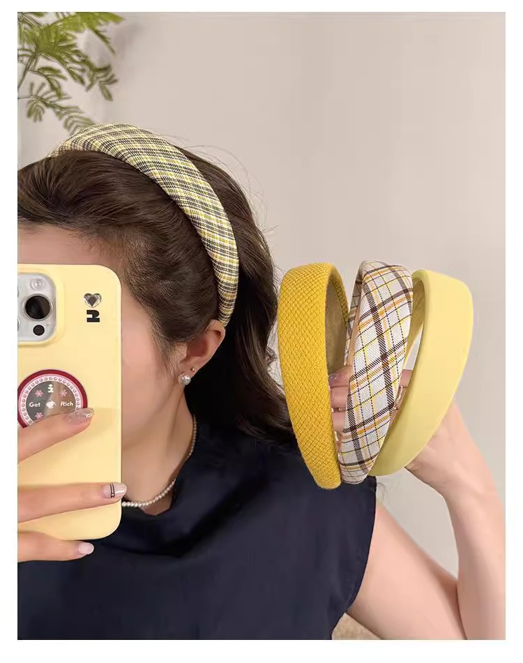 SHEIN Hair Band Style Imported Simple Goose Yellow Plaid Headband for Women with High Cranial Pressure Hand Made Best Quality_img_2