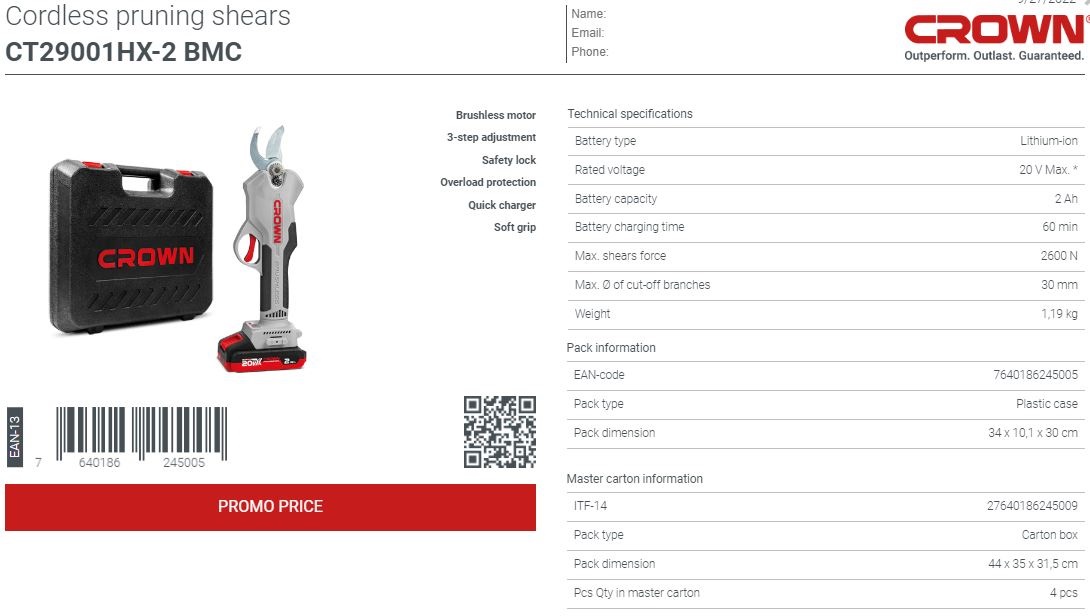 CROWN,CT29001HX,Professional Cordless shears ( 1Battery, 1Charger included), 20V, 30mm, 2600 N; CT29001HX-2S BMC_img_3