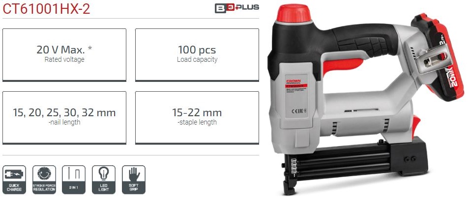 CROWN,CT61001HX-2,Professional Cordless Nailer (2 Battery, 1 Charger ), 20V, 2.0Ah; CT61001HX-2_img_1