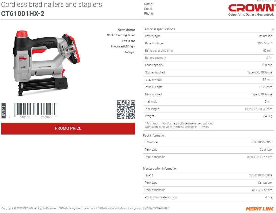 CROWN,CT61001HX-2,Professional Cordless Nailer (2 Battery, 1 Charger ), 20V, 2.0Ah; CT61001HX-2_img_3