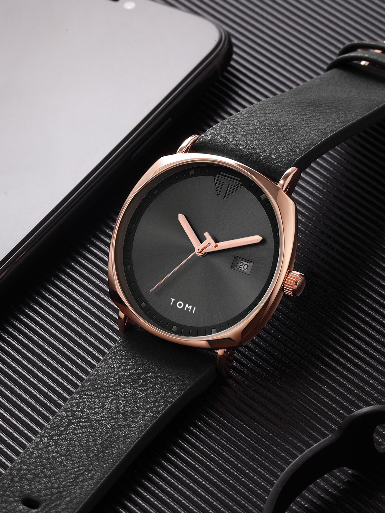 TOMI T-044 Men's Quartz Leather Belt Watch With Date (Black-Rosegold)_img_1