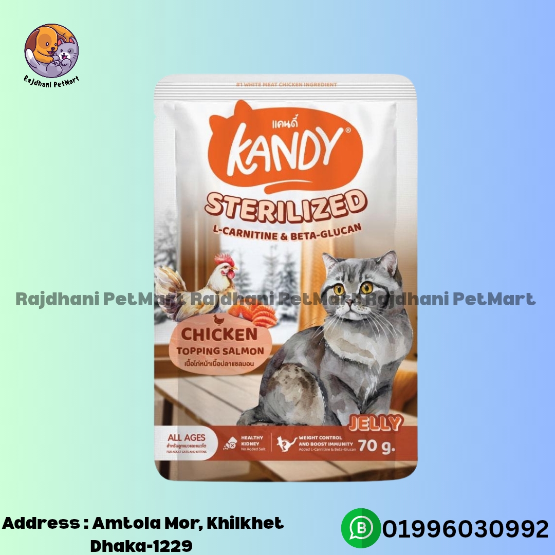 Kandy Sterilized Pouch with Chicken Topping Salmon in Jelly 70g