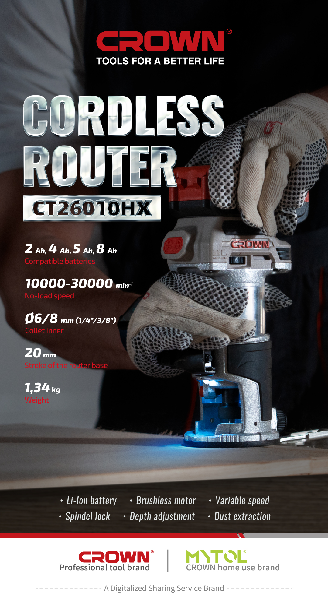 CROWN,CT26010HX,Professional Cordless Router, 20V, 4.0Ah, 8mm, ( Battery & Charger Not Included ); CT26010HX_img_1