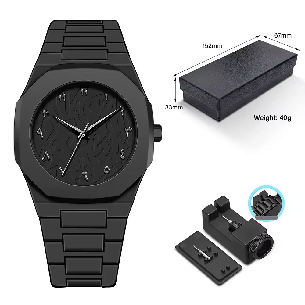 Black Calligraphy Dial Polycarbon Plastic Lightweight Watch_img_5