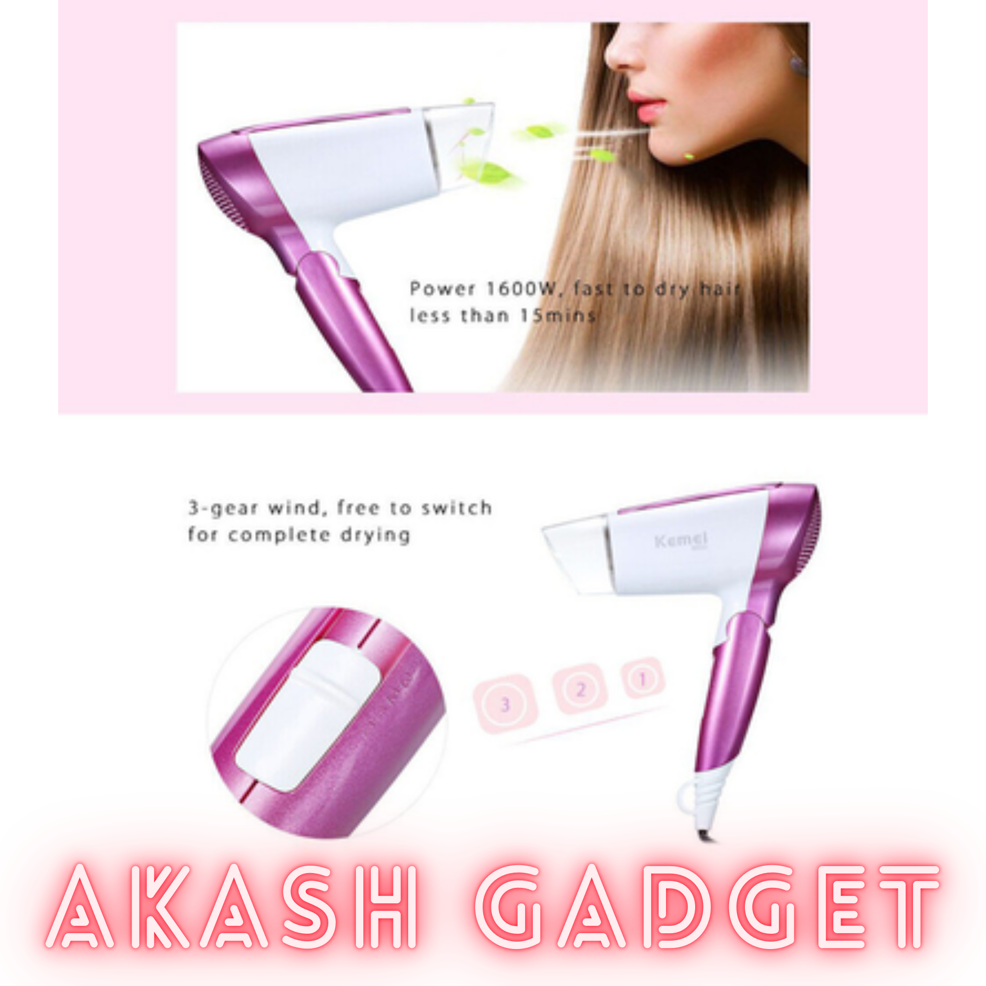 Kemey KM-6833 Hot And Normal Air Foldable Hair Dryer | 1600W Powerful Motor_img_7