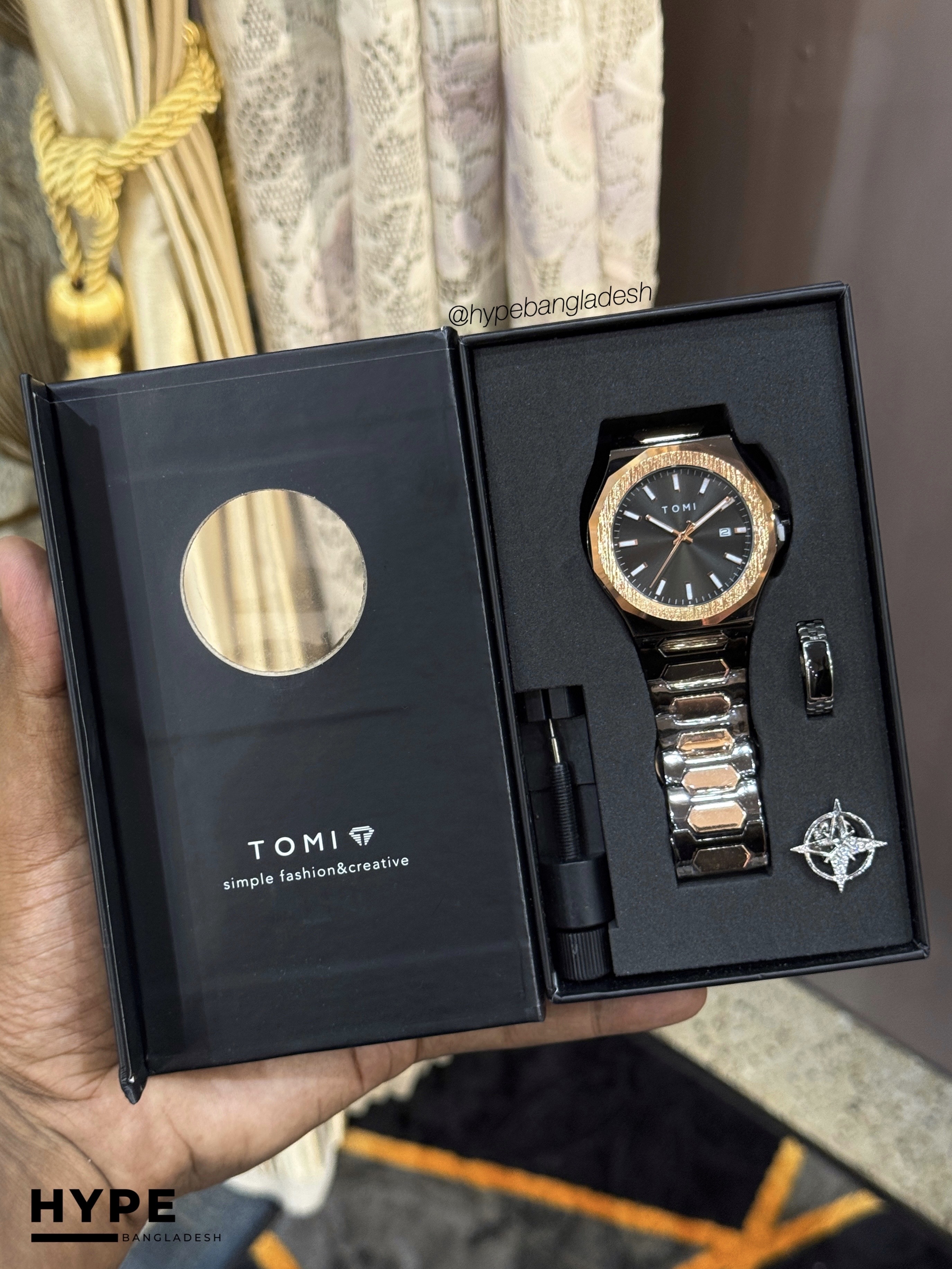 TOMI T-301 Men's Luxury Stainless Steel Watch Gift Box Set (Black-Rosegold)_img_0