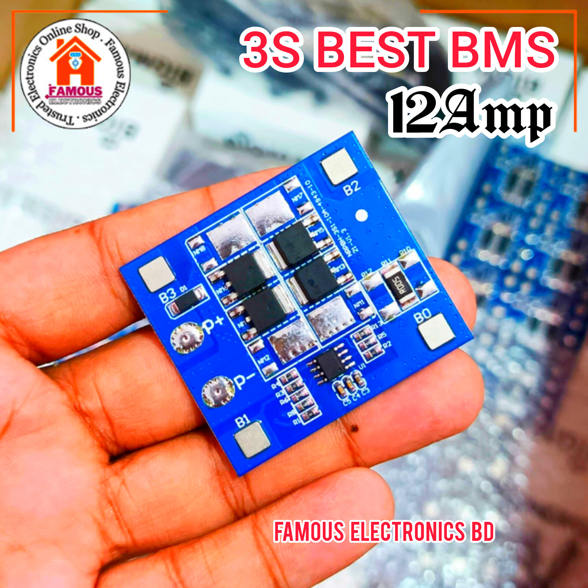 3S 12V 12A BMS | 18650 Lithium Battery Protection Board | 11.1V–12.6V | Balanced | Anti-Overcharge & Over-Discharge Protection