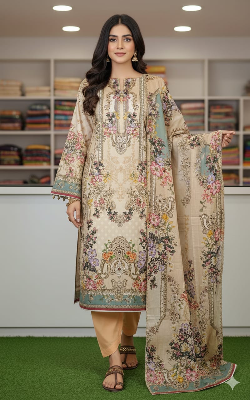 জমজম সুইস লোন প্রিমিয়াম থ্রি পিস(পাকিস্তানি ইন্সপারেড ডিজাইন)(Unstitched)