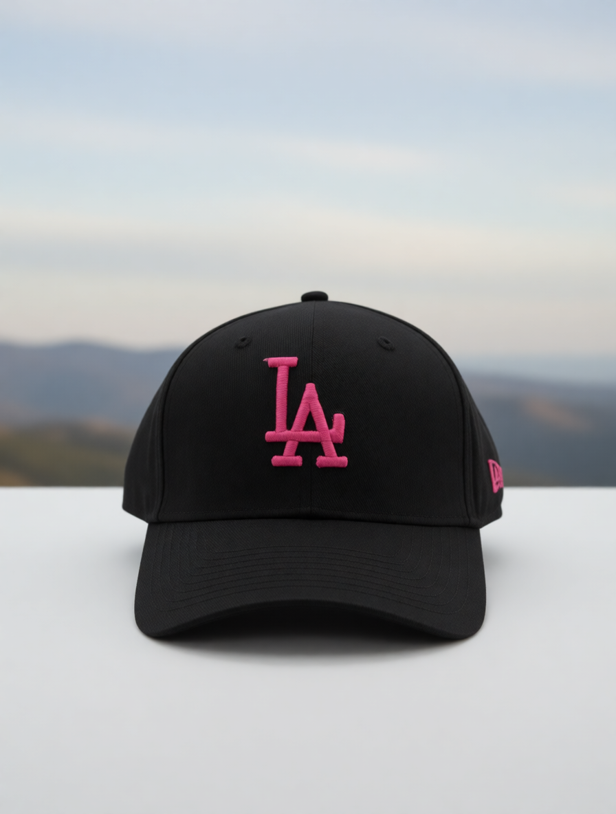 LA Adjustable Cotton Cap – Jet Black Base with Pink & Black Logo // BRANDZ X