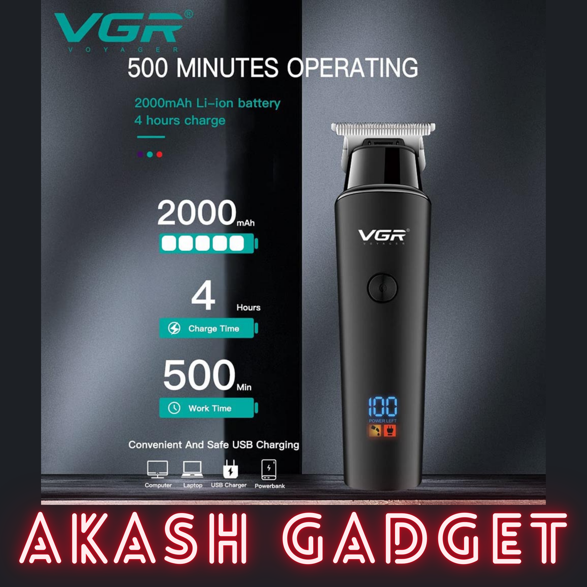 VGR V-937 Rechargeable Professional Hair and Beard Trimmer | Type-C, 2000mAh Battery, 500Min Backup_img_11