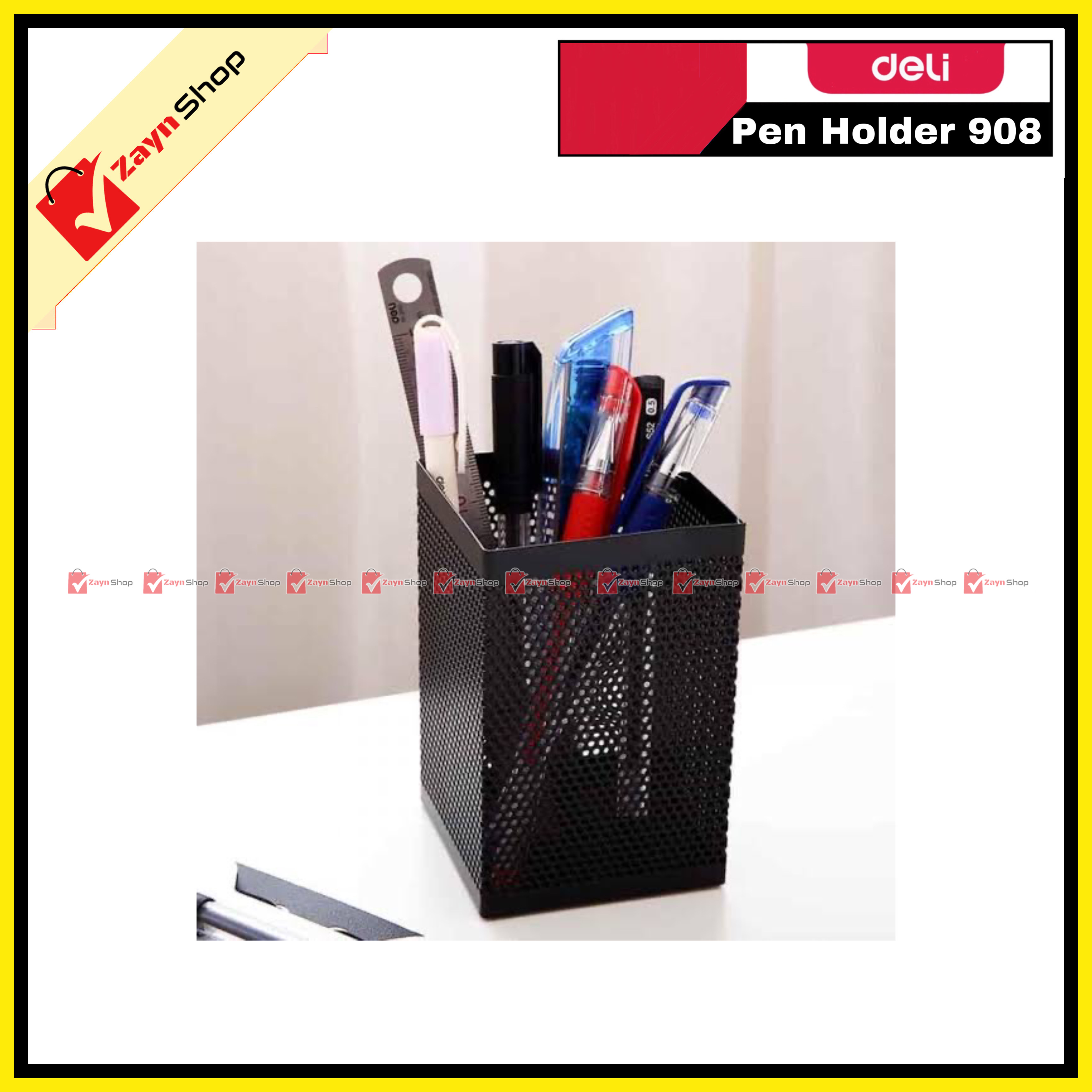 deli Pen Holder 73×73×115 mm Mesh Steel Barrel 908 Black 1pcs_img_0