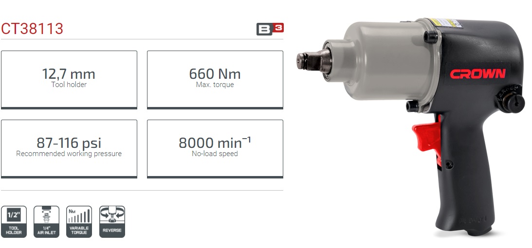 CROWN CT38113 Professional Pneumatic Impact Wrench, 660N.m, 16mm, 1/2inch, 1/4inch; CT38113_img_2
