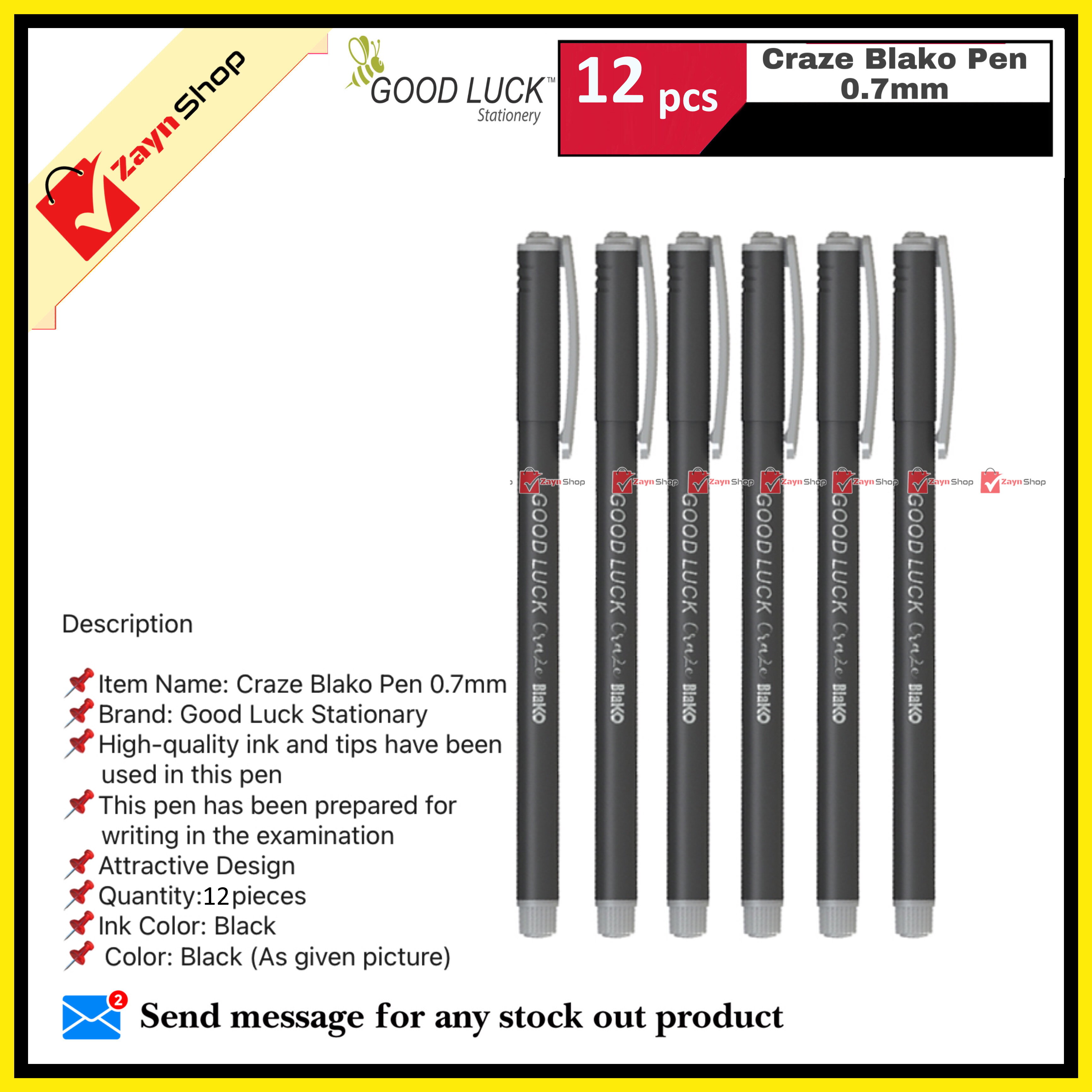 Good Luck Craze Blako Ball Point Pen Black Ink 0.7 Mm 12 Pcs - Pen_img_0