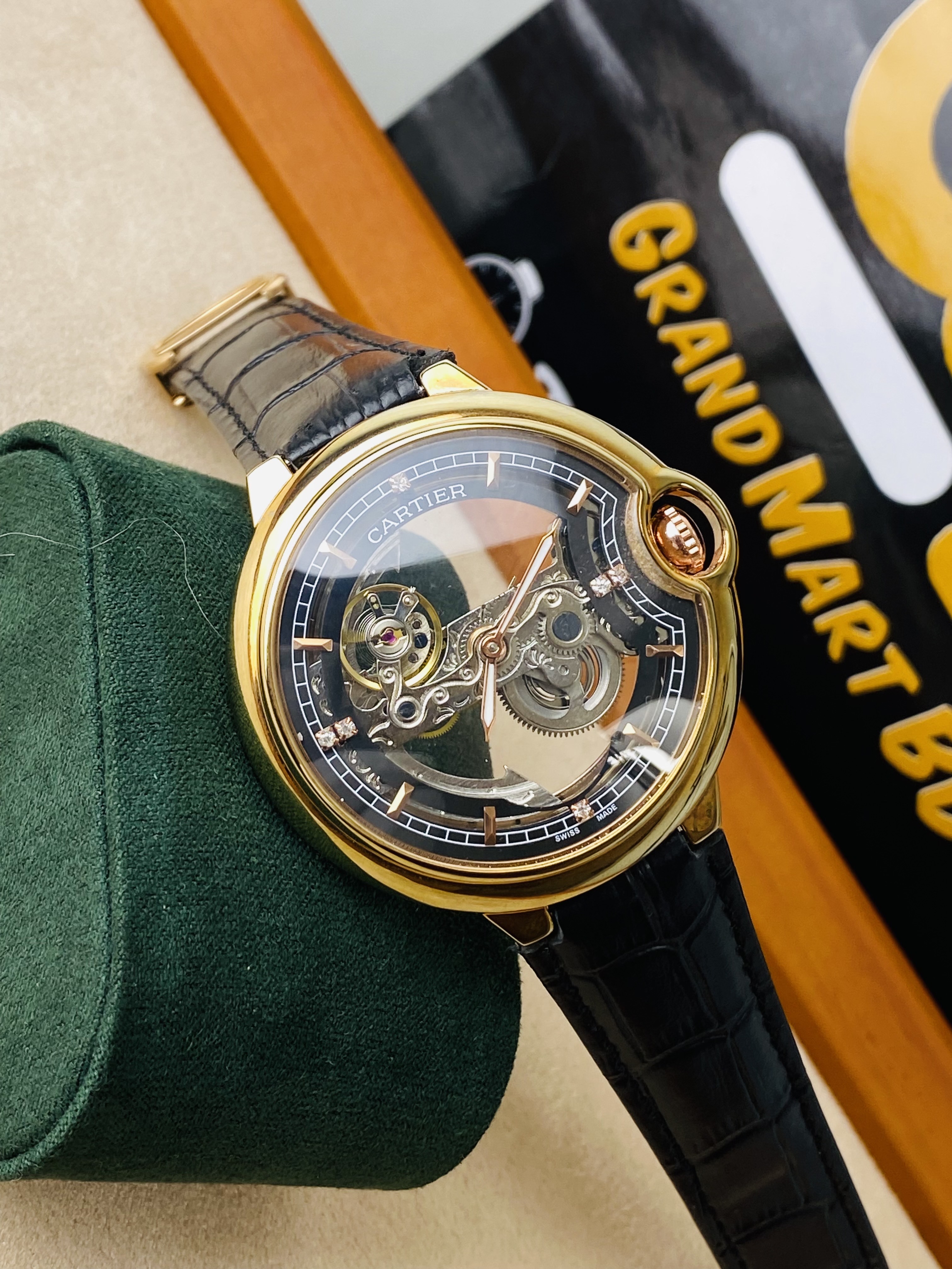 Cartier Ballon Bleu skeleton automatic mechanical watch with a black alligator leather strap