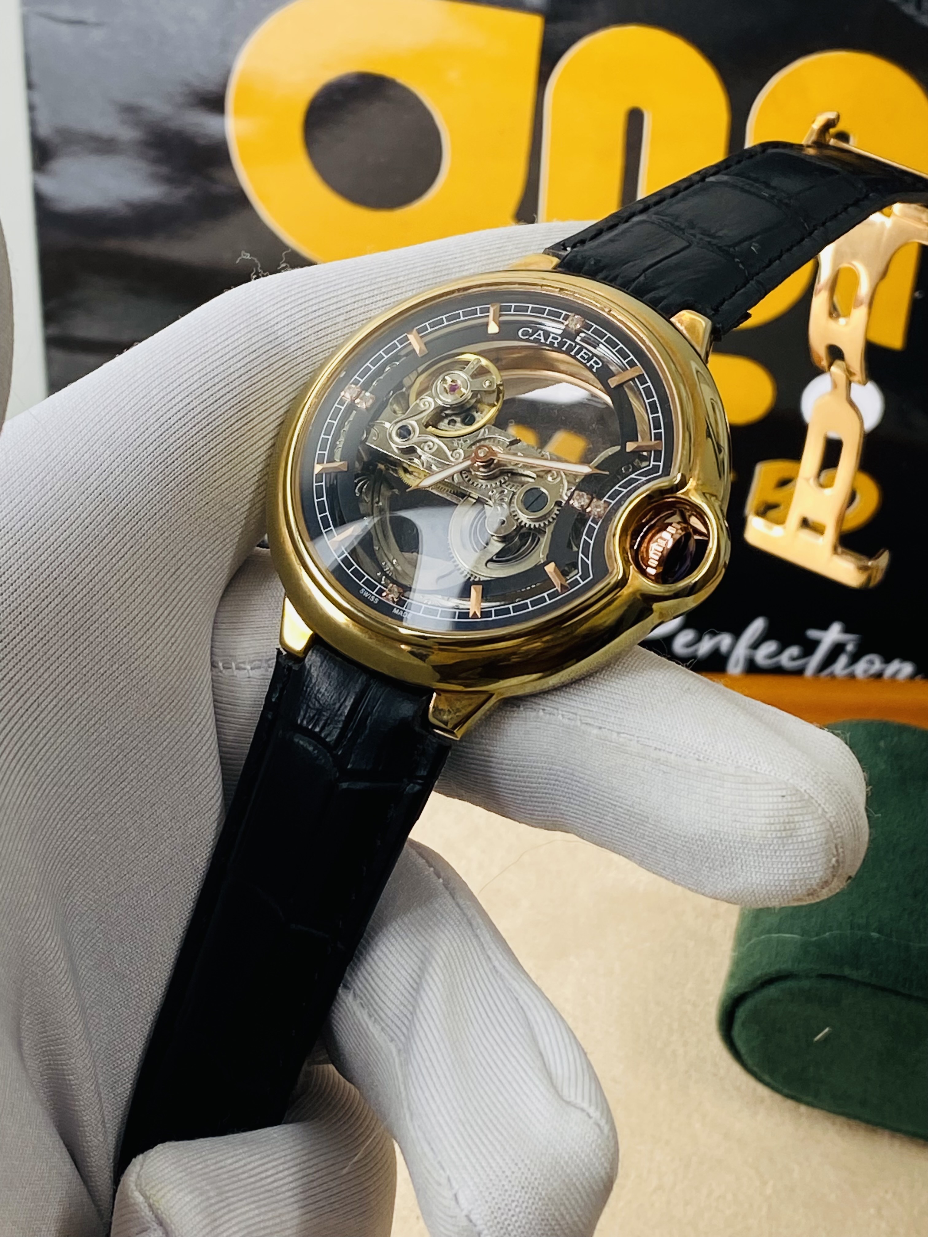 Cartier Ballon Bleu skeleton automatic mechanical watch with a black alligator leather strap_img_2