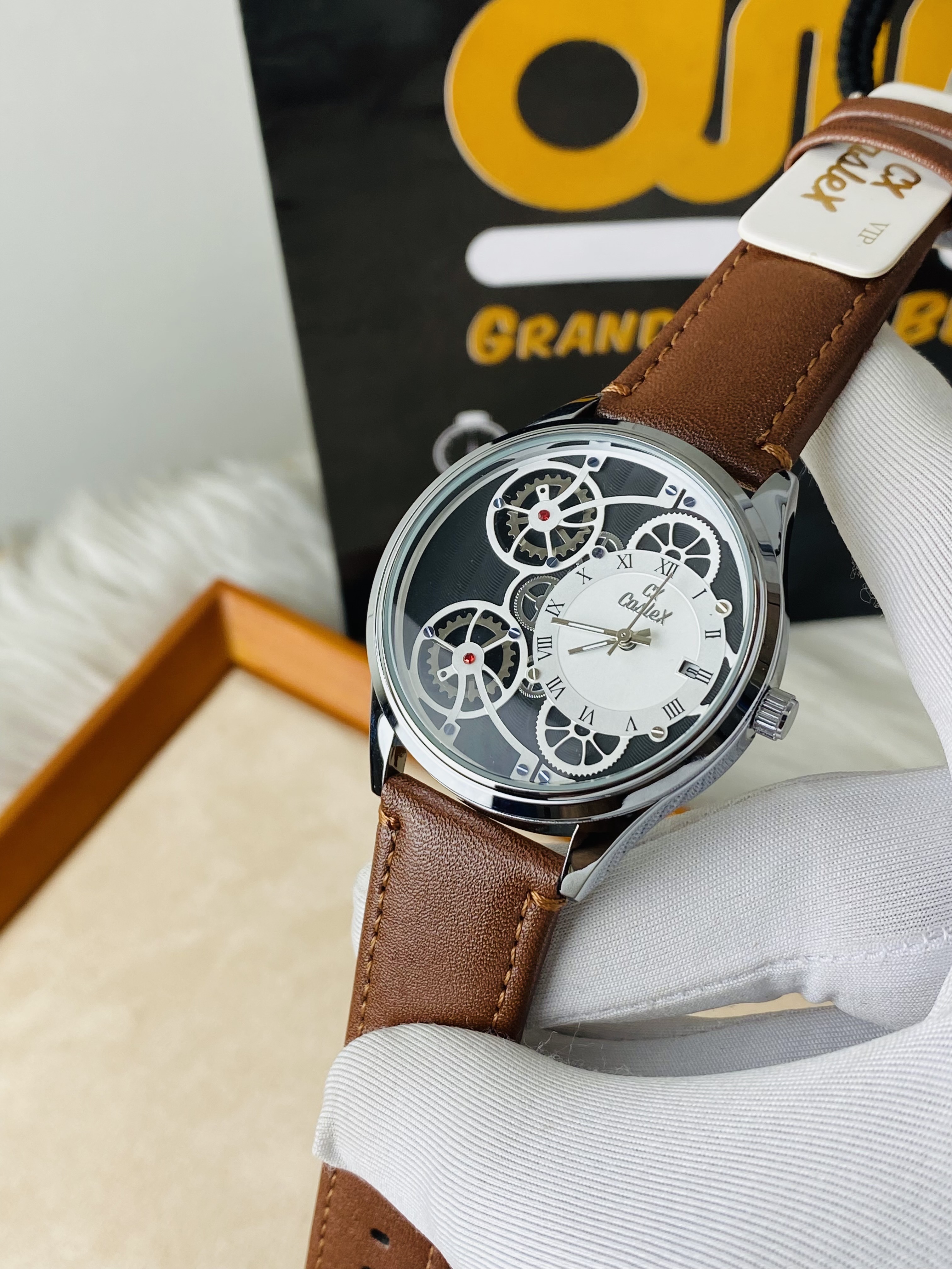 Caslex skeleton watch with a brown leather strap._img_1