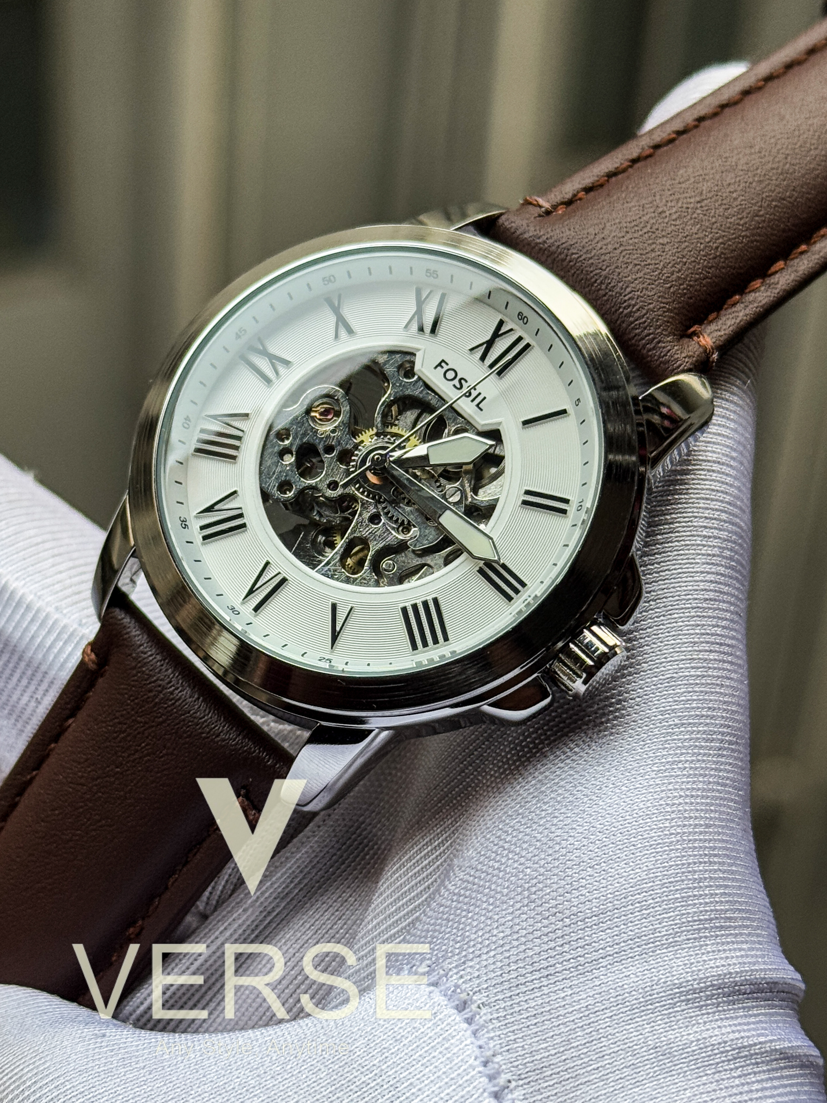 Fossil Auto brown belt white dial AA