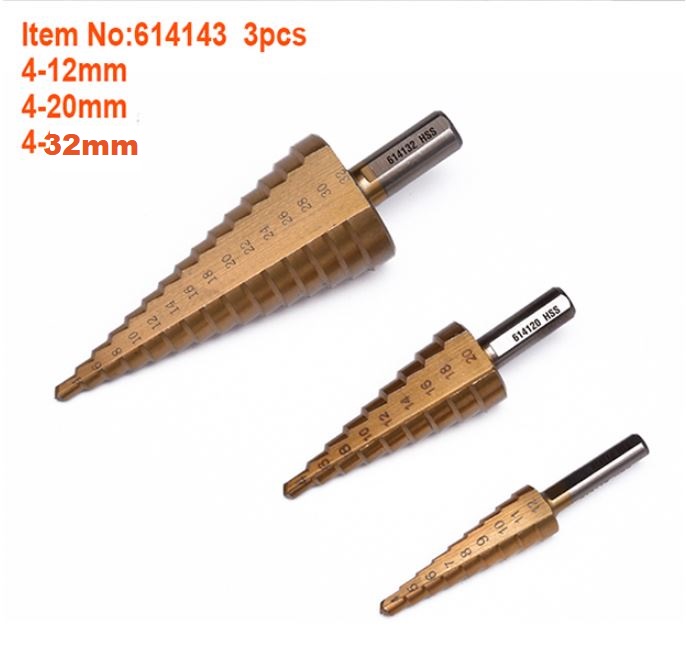 HARDEN 3 Pcs Step Drill Bit Set | Titanium Coated HSS | Multi-Range Hole Enlargement | Model: 614143