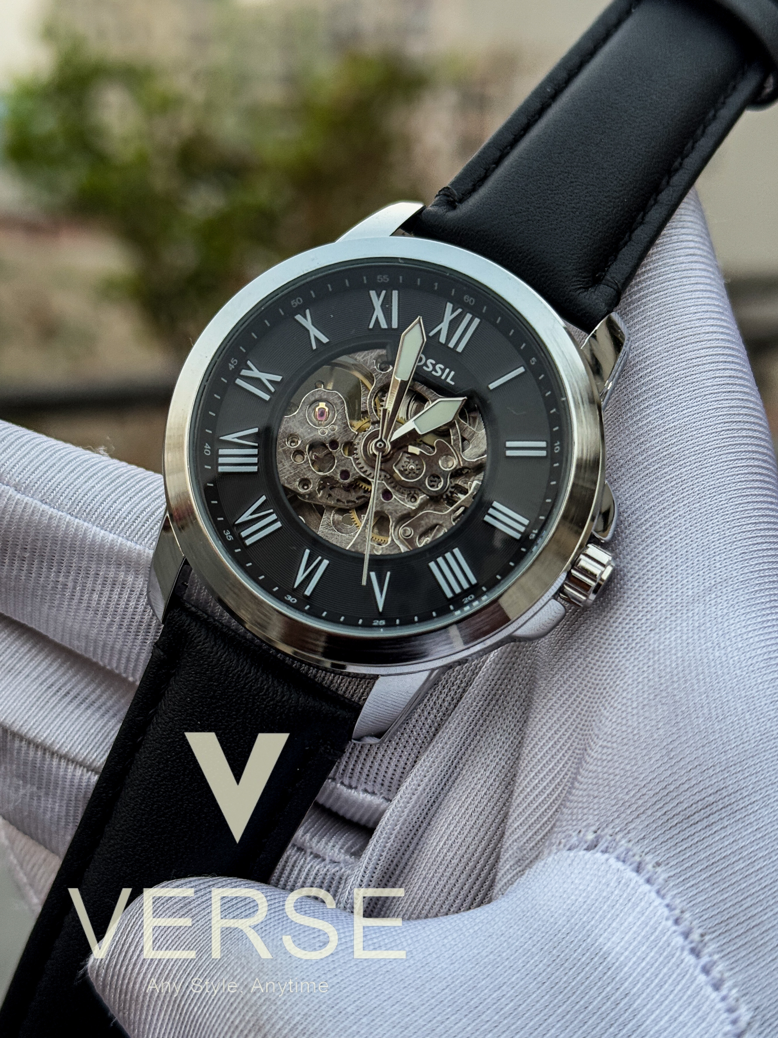 Fossil Auto black Belt black Dial silver case AA