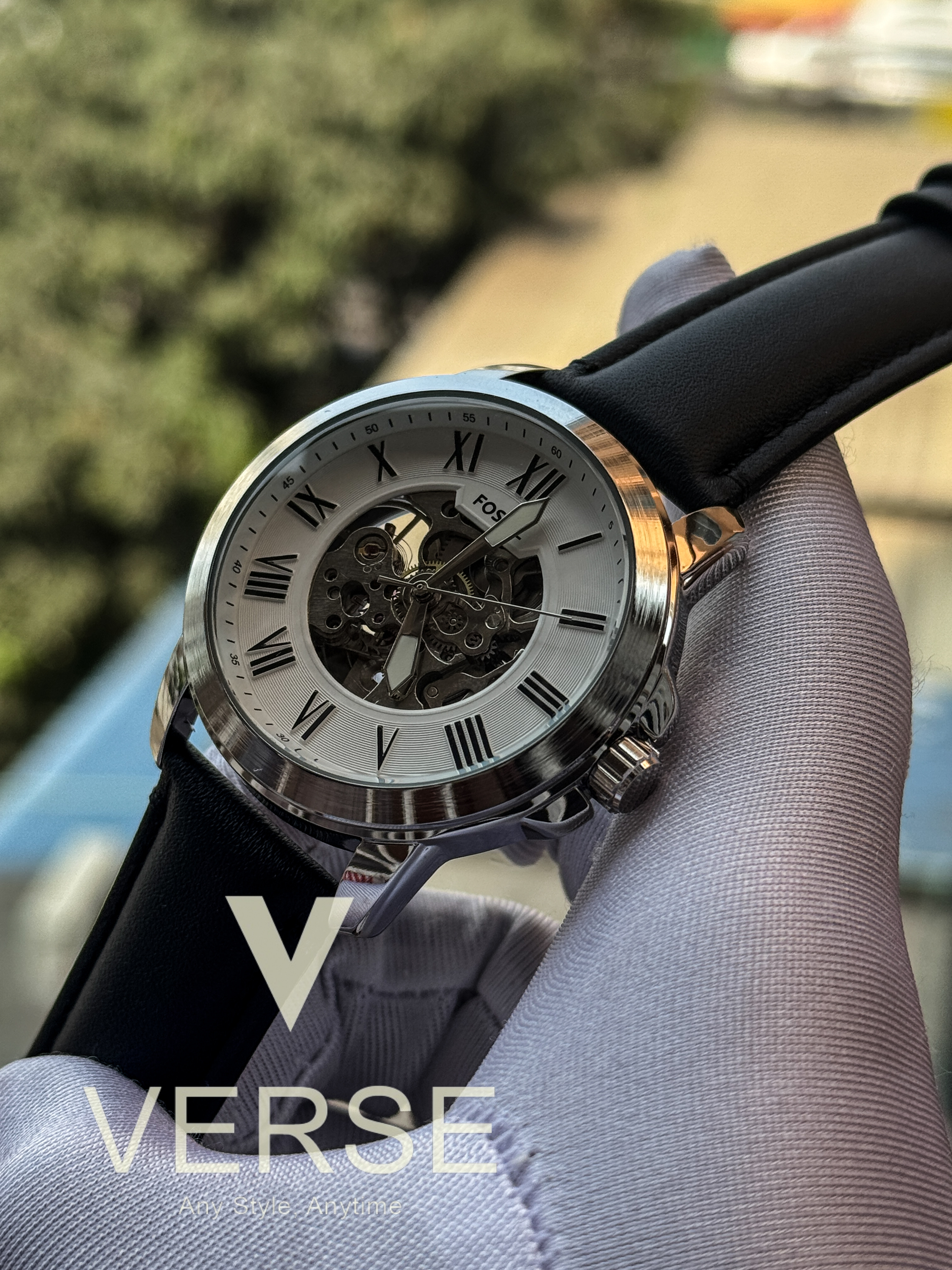 Fossil Auto black Belt White Dial AA