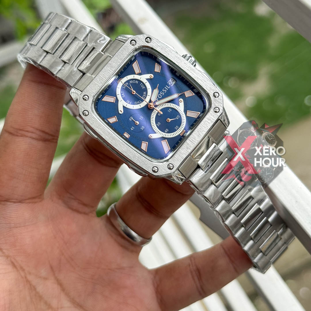 Fossil Square TV Shape Chronograph | Silver Chain Blue Dial