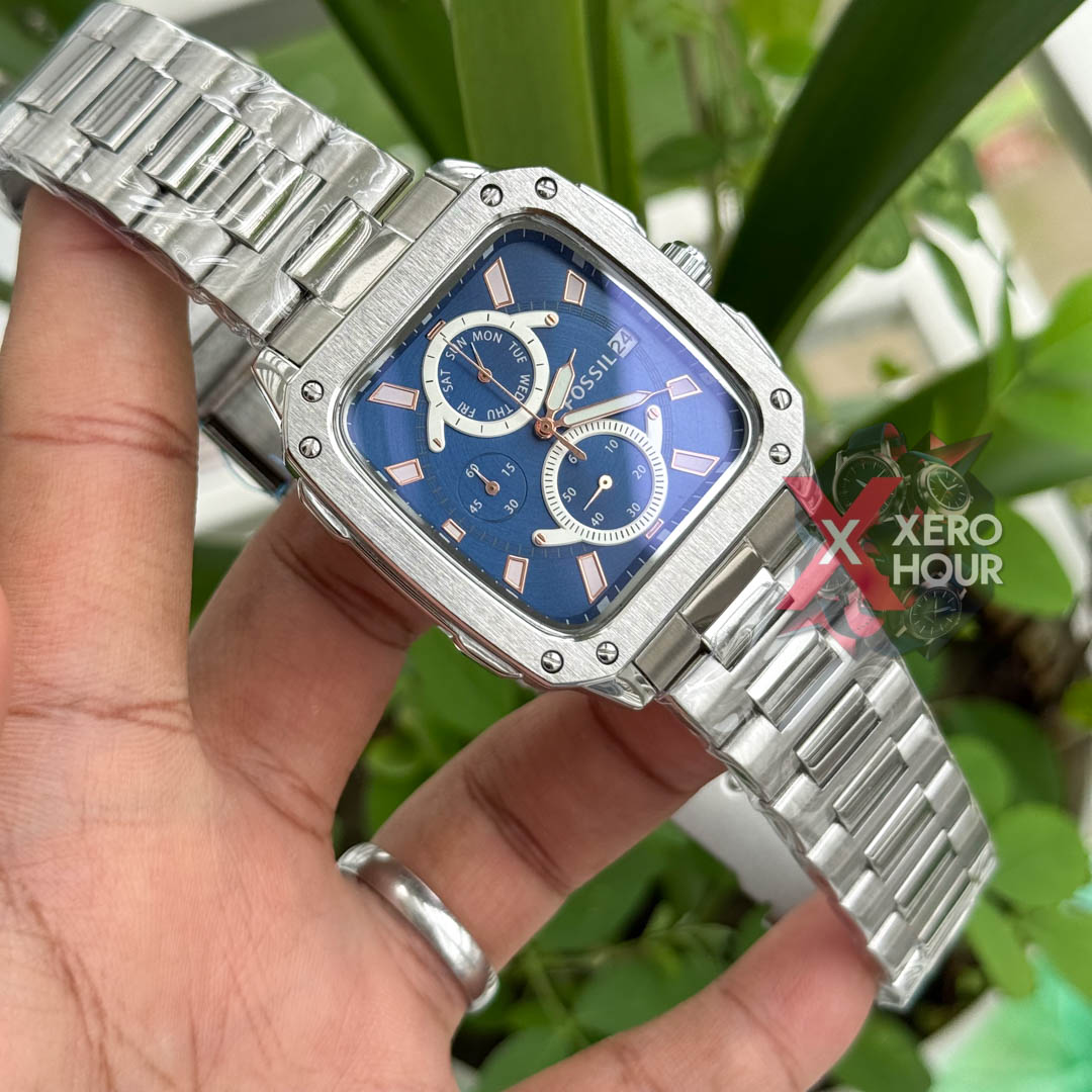 Fossil Square TV Shape Chronograph | Silver Chain Blue Dial_img_3