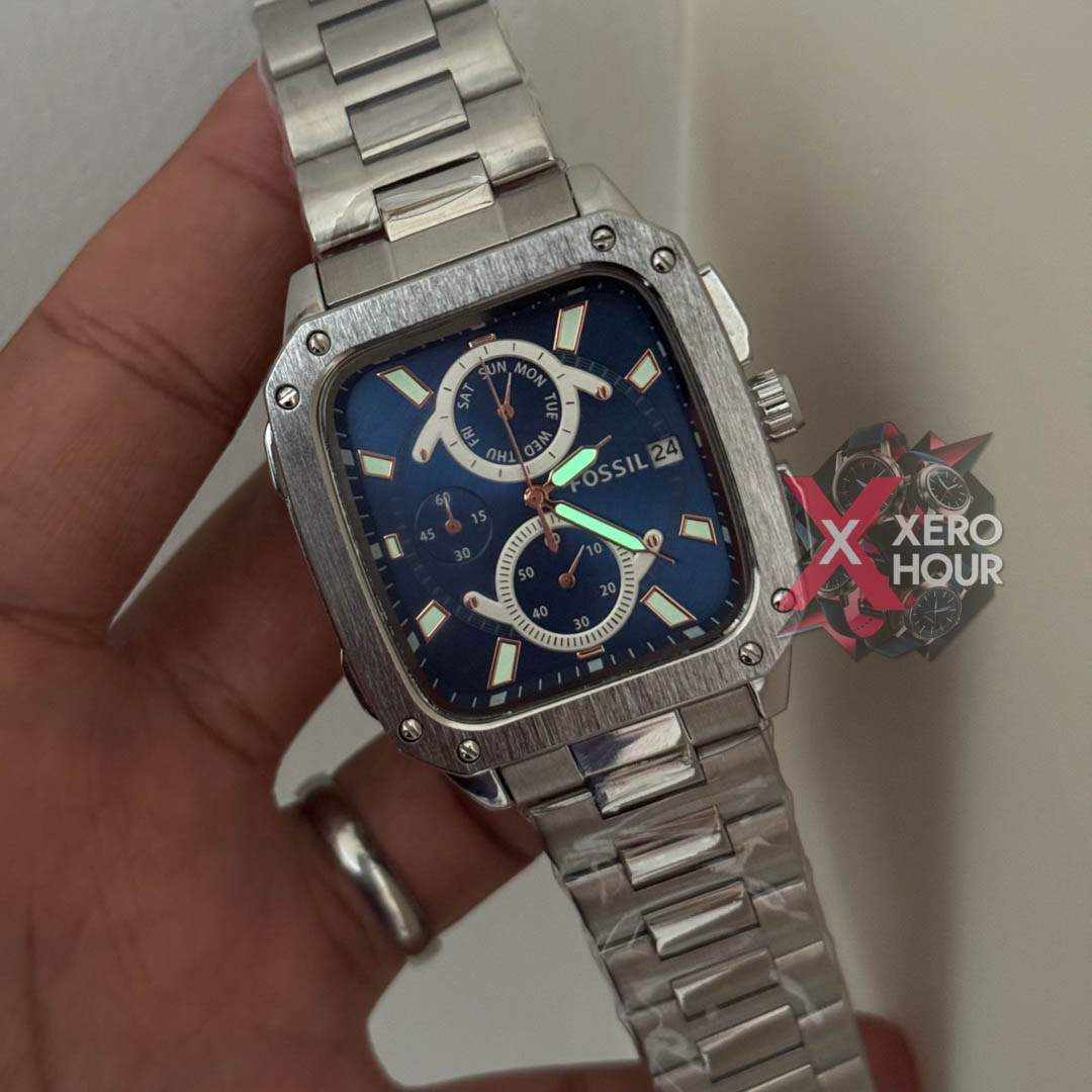 Fossil Square TV Shape Chronograph | Silver Chain Blue Dial_img_6