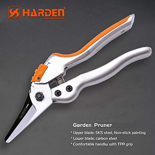 HARDEN 8" Professional Garden Pruner, Forged of SK5 Steel, Comfortable TPR Handle, Large Spring & Plastic Lock, Anti-Touch Design; 630405_img_2