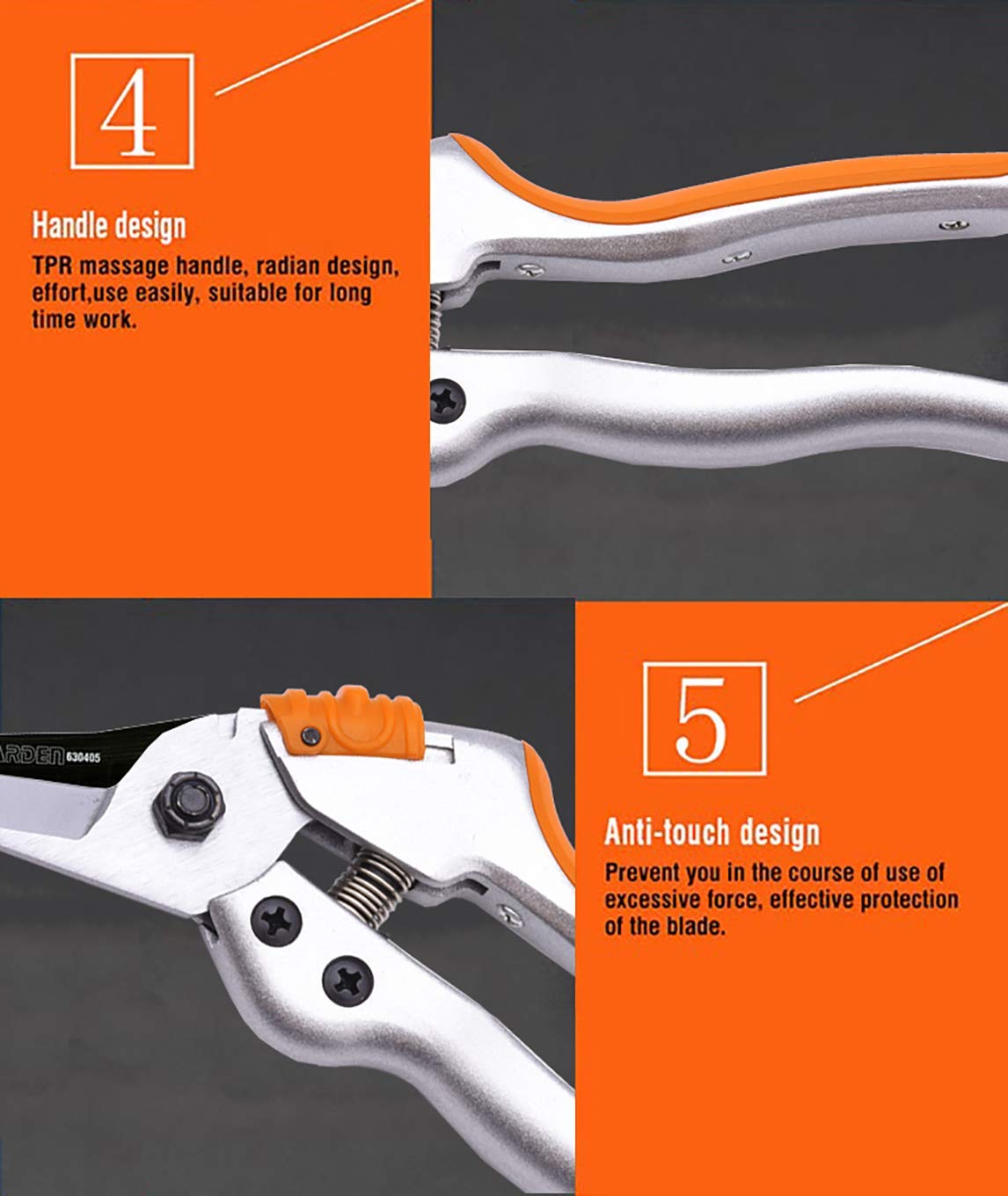 HARDEN 8" Professional Garden Pruner, Forged of SK5 Steel, Comfortable TPR Handle, Large Spring & Plastic Lock, Anti-Touch Design; 630405_img_4