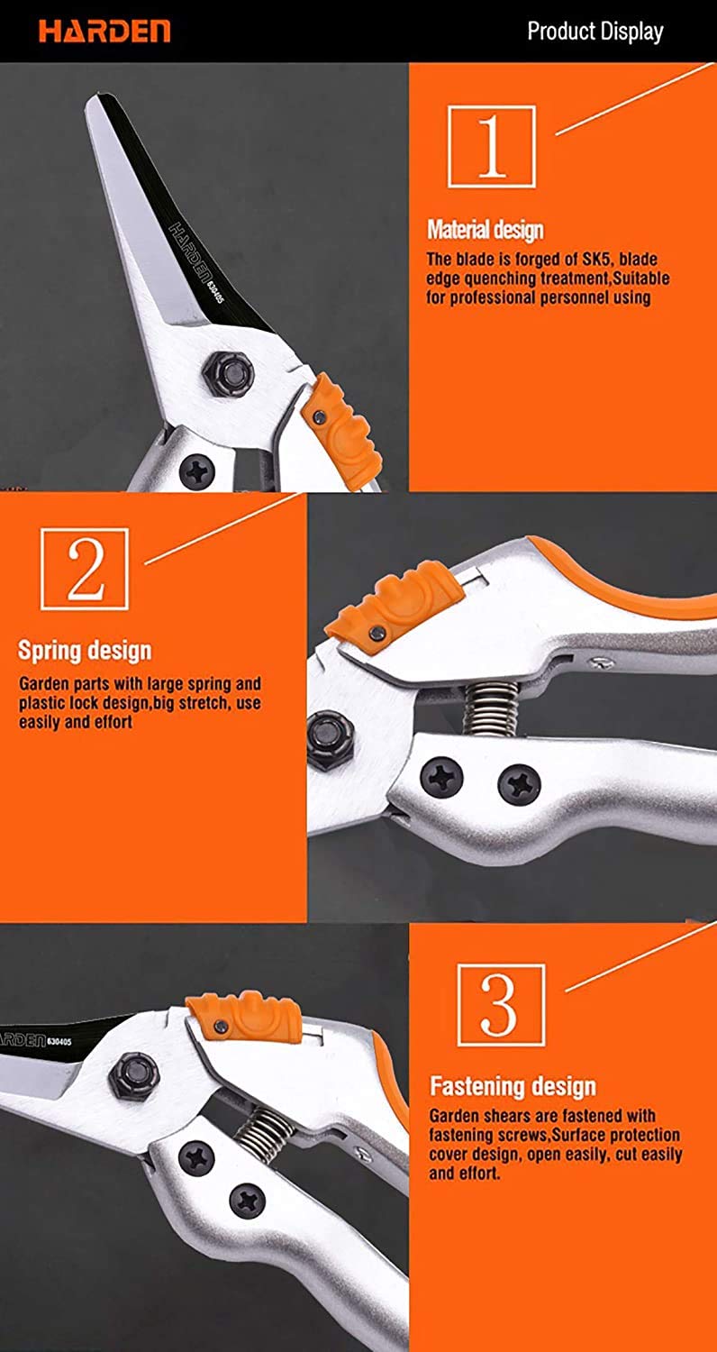 HARDEN 8" Professional Garden Pruner, Forged of SK5 Steel, Comfortable TPR Handle, Large Spring & Plastic Lock, Anti-Touch Design; 630405_img_5