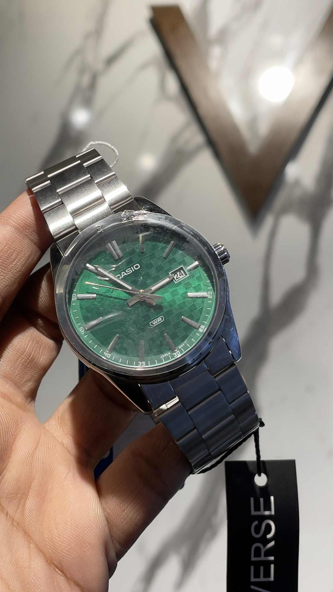 Casio MTP-VD03D-3A1 Men’s Silver Stainless Steel Watch with Green Dial