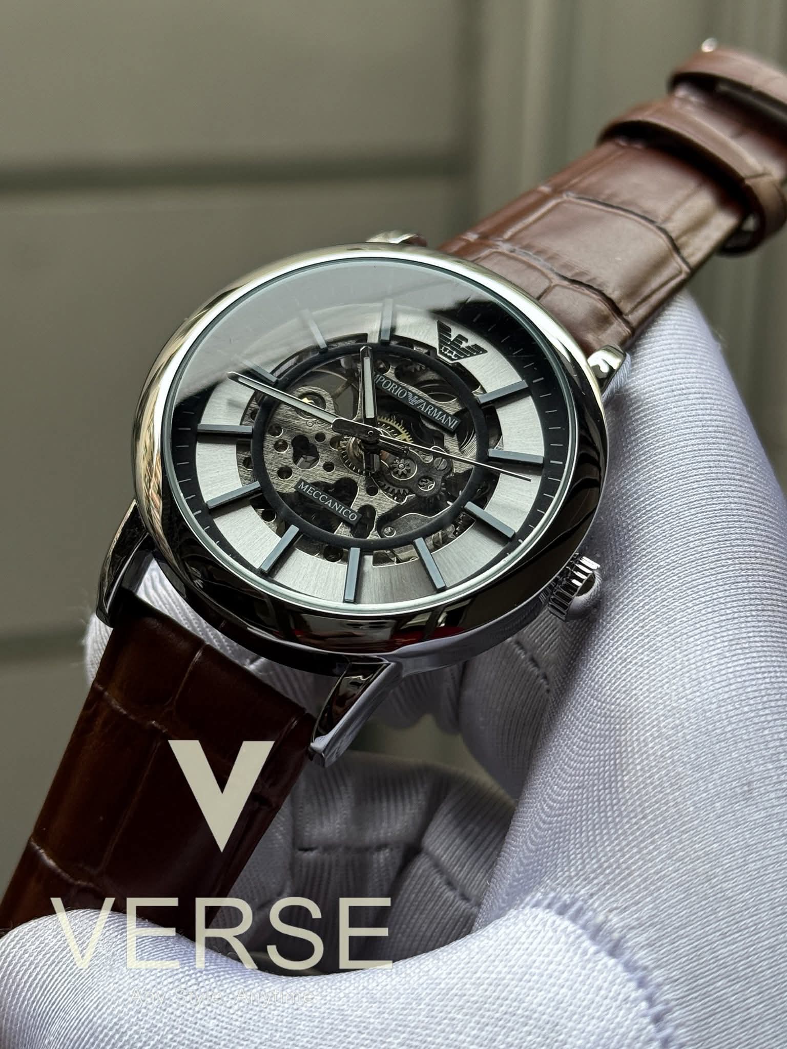 Armani Auto belt silver brown white dial