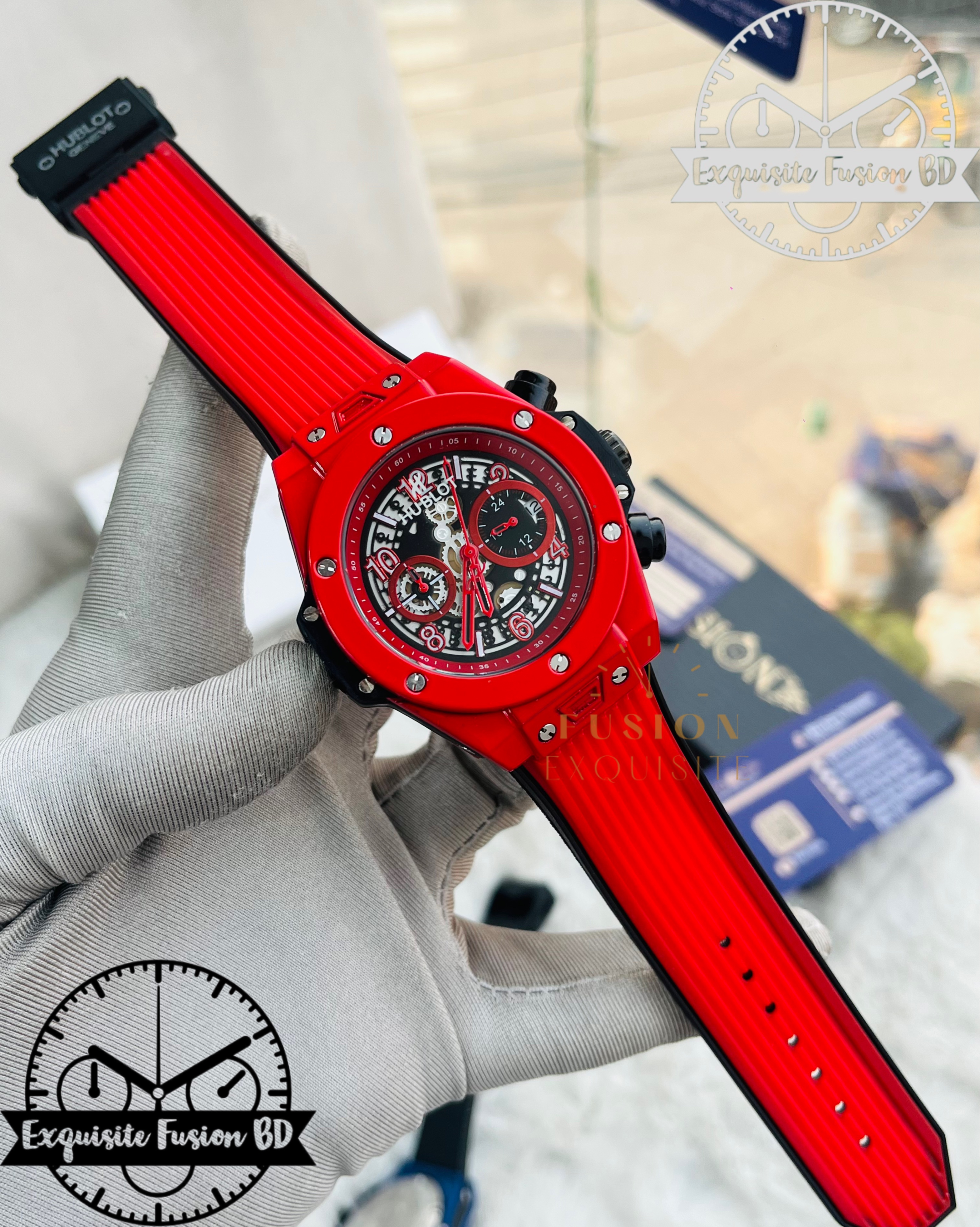 Hublot Red Chronograph Silicone Belt Watch (AA Grade)