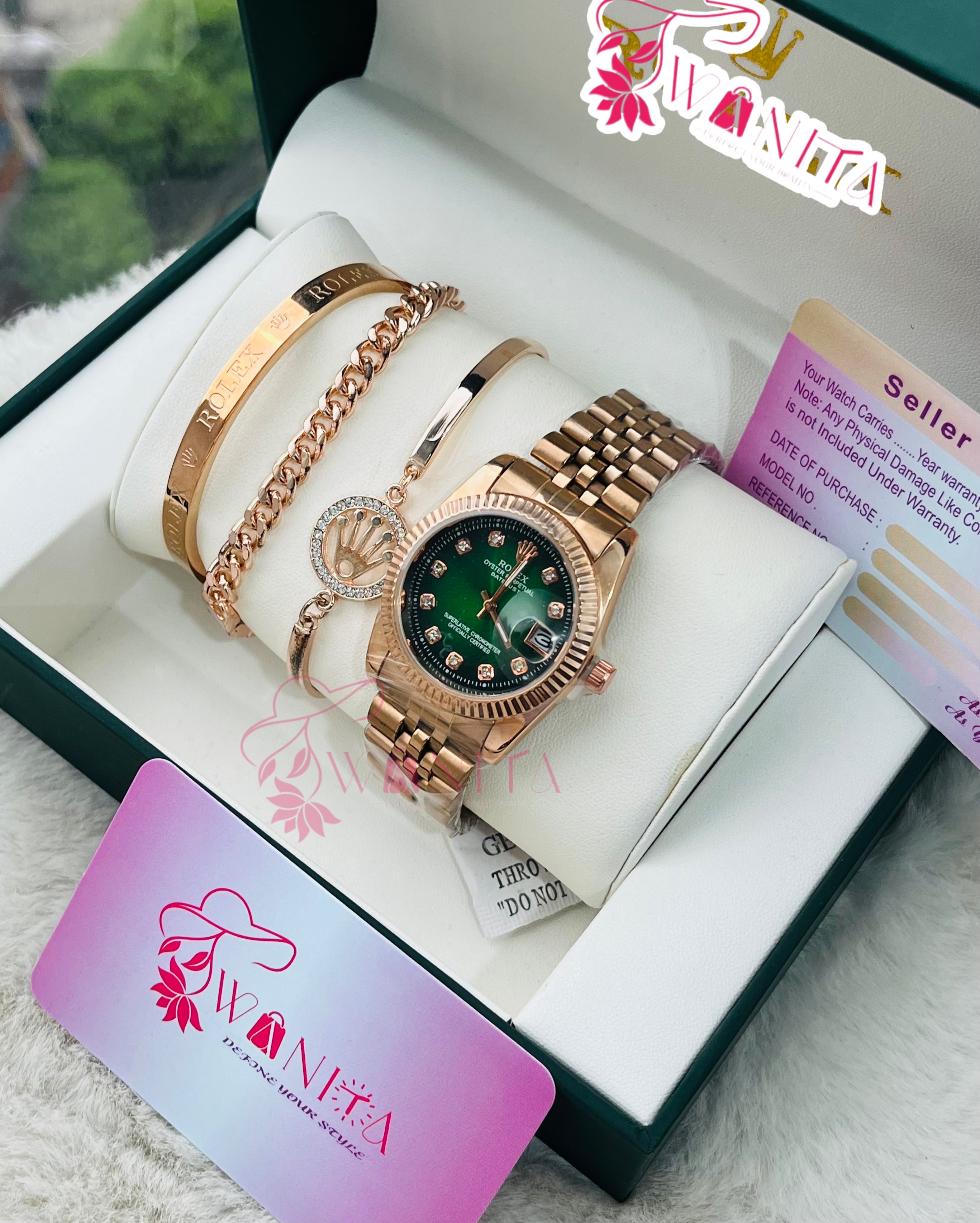Ladies Rosegold-Green Dial Set Box Watches