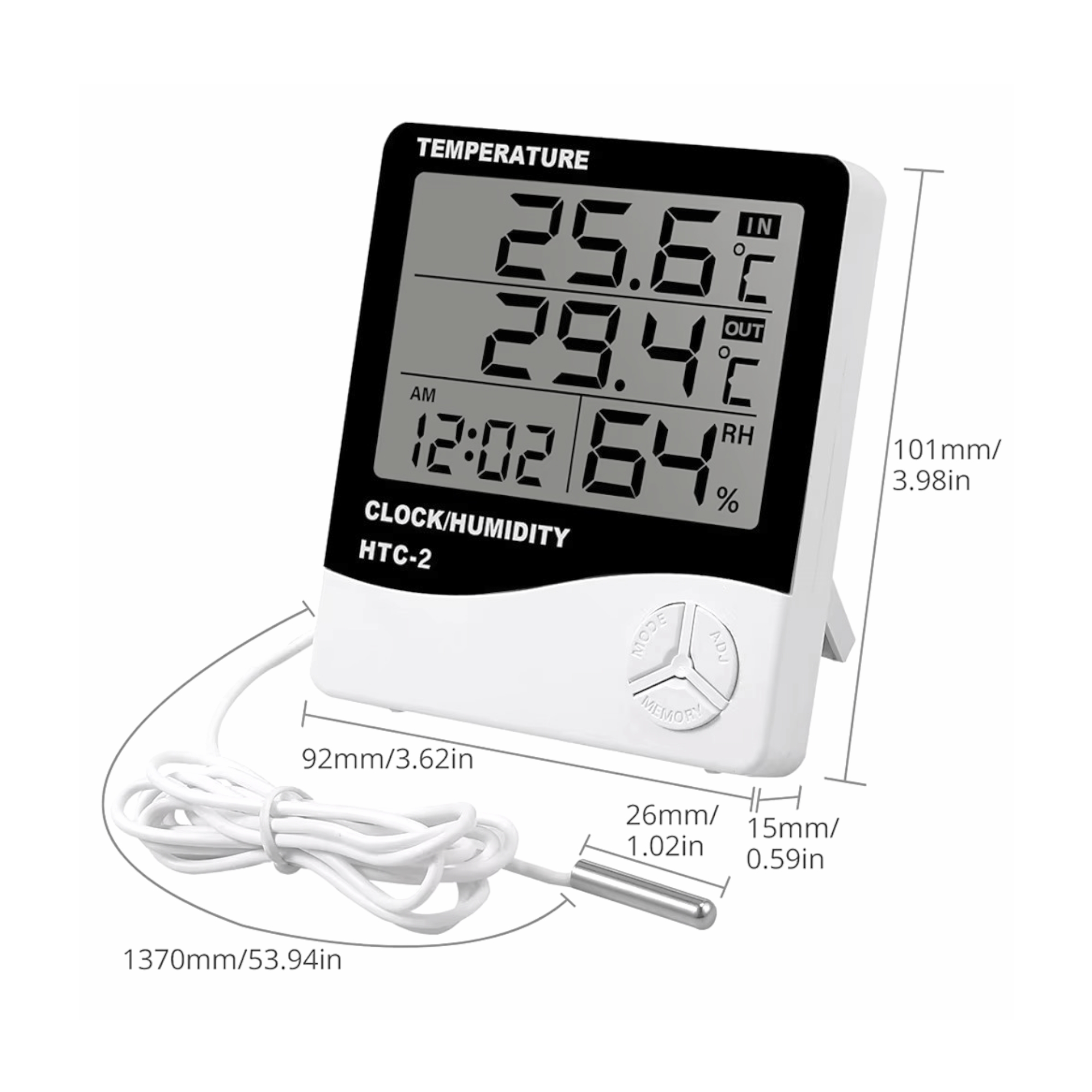 HTC-2 Digital Temperature Humidity Meter | Indoor & Outdoor Sensor |  Clock + Weather Station