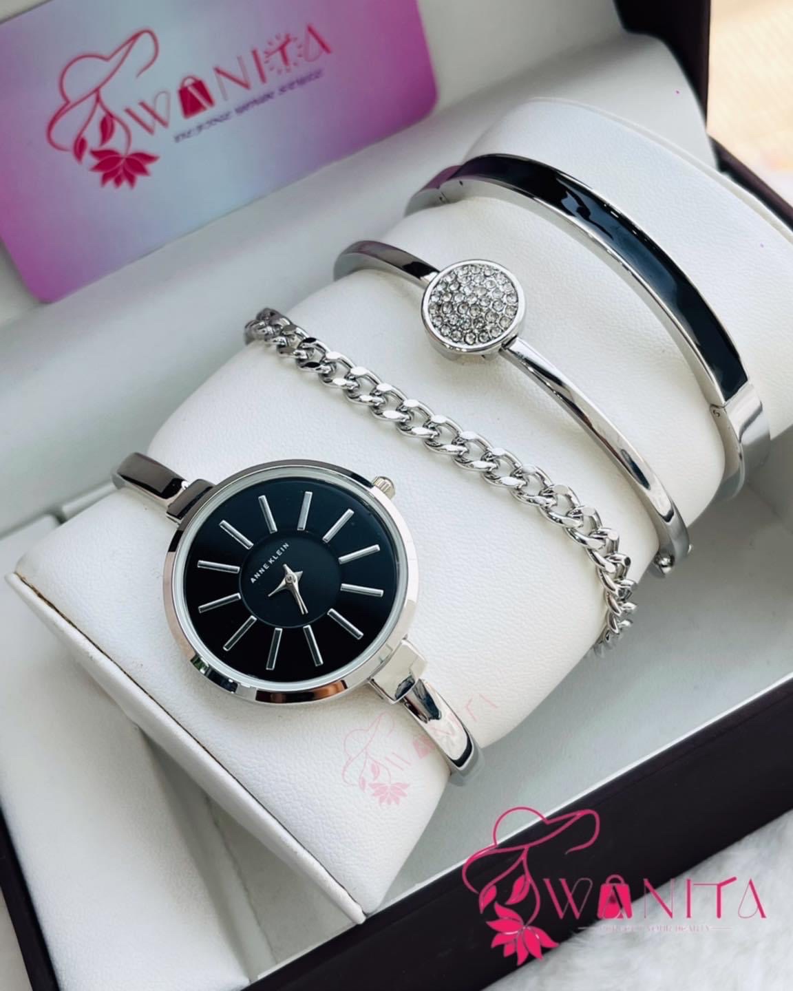 Ladies Anne Klein Silver-Black Set Box Watches