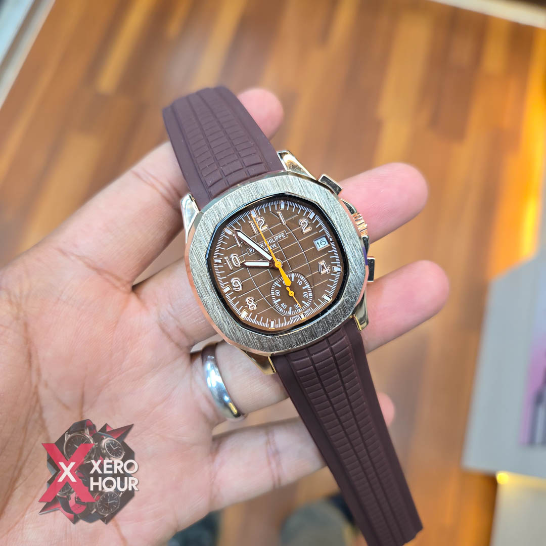 Patek philippe Aquanaut | Silicon Strap | AA Grade | Gold Bezel Brown Strap