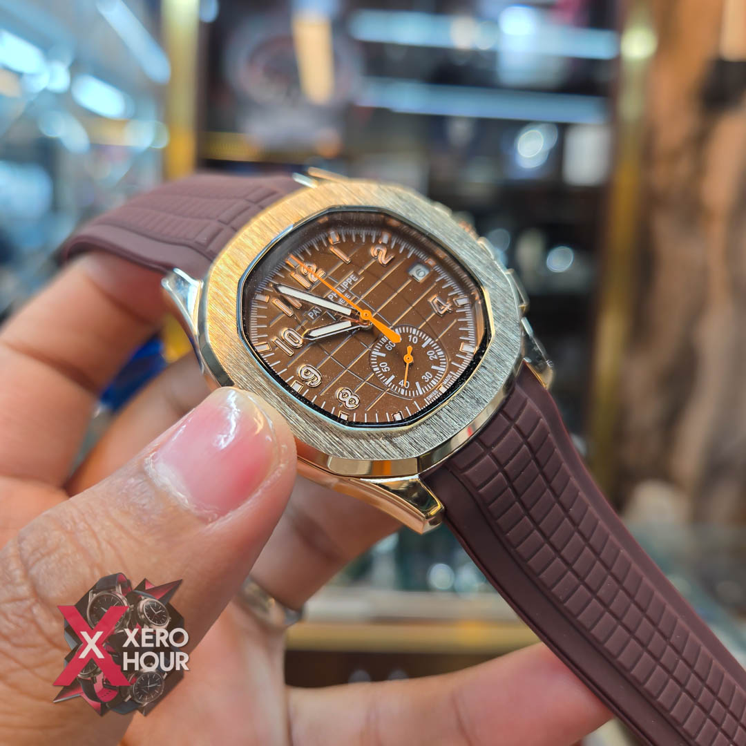 Patek philippe Aquanaut | Silicon Strap | AA Grade | Gold Bezel Brown Strap_img_2