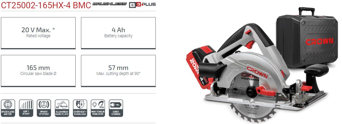 CROWN,CT25002-165HX,Professional Cordless Circular Saw ( With Battery & Charger ), 20V, 4.0Ah, 165mm, 90/45/50°, 57/41/37mm; CT25002-165HX_img_1